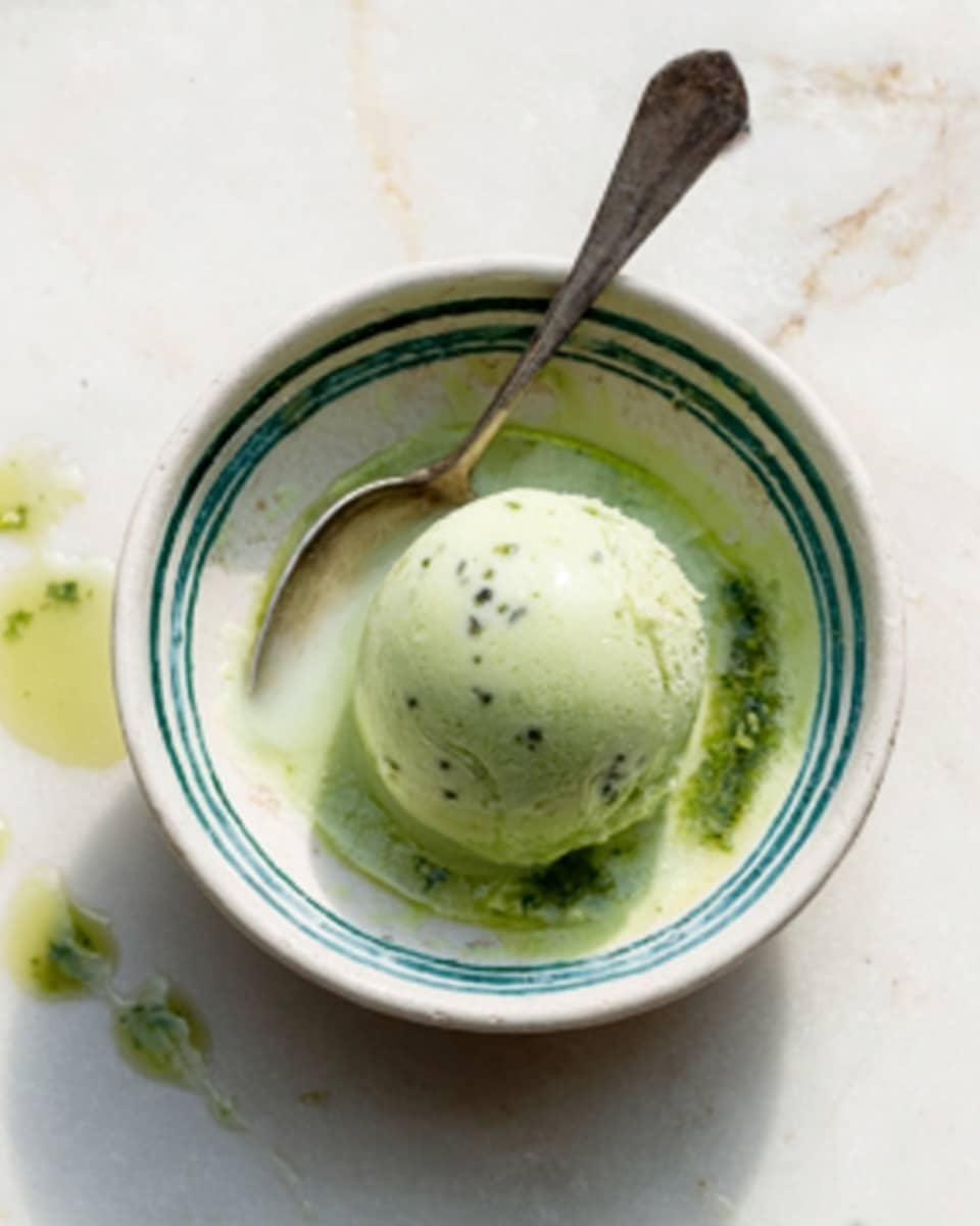 A tall clear glass filled with three thick, uneven scoops of pale green ice cream or sorbet stacked on top of each other, each scoop having a rough and icy texture. A small fresh green mint leaf is placed on the top scoop, adding a pop of color. The glass is set on a wooden table with a silver spoon and scattered fresh mint leaves blurred in the background. The background surface is changed to a white marbled texture. photo taken with an iphone --ar 4:5 --v 7