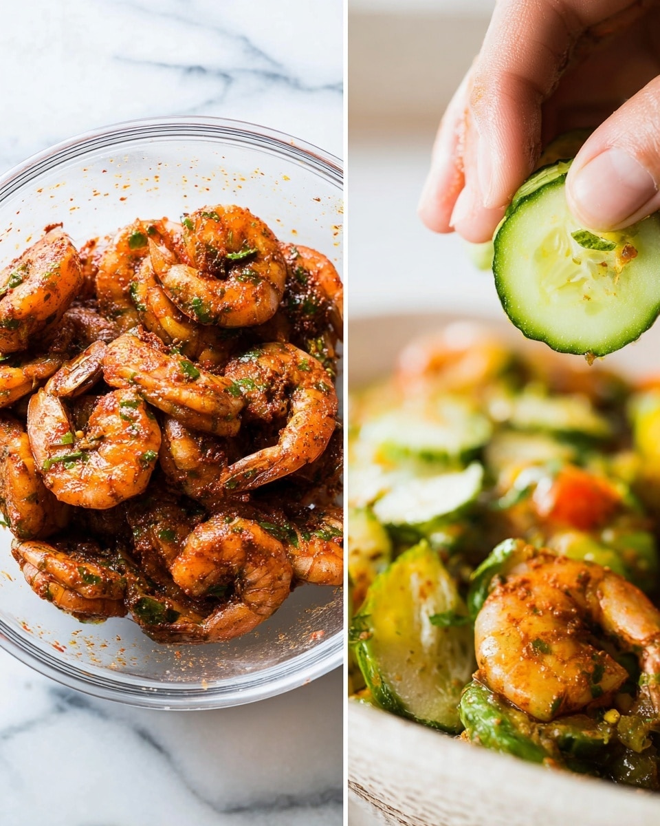 Left side shows a clear glass bowl filled with many raw shrimp, coated in a reddish-brown spice mix with green herb bits, resting on a white marbled surface. Right side shows a close-up of a woman's hand squeezing a sliced cucumber, with little juice droplets showing, in front of a blurred pile of cooked shrimp with green herbs and mixed vegetables underneath, all on a white marbled surface. photo taken with an iphone --ar 4:5 --v 7