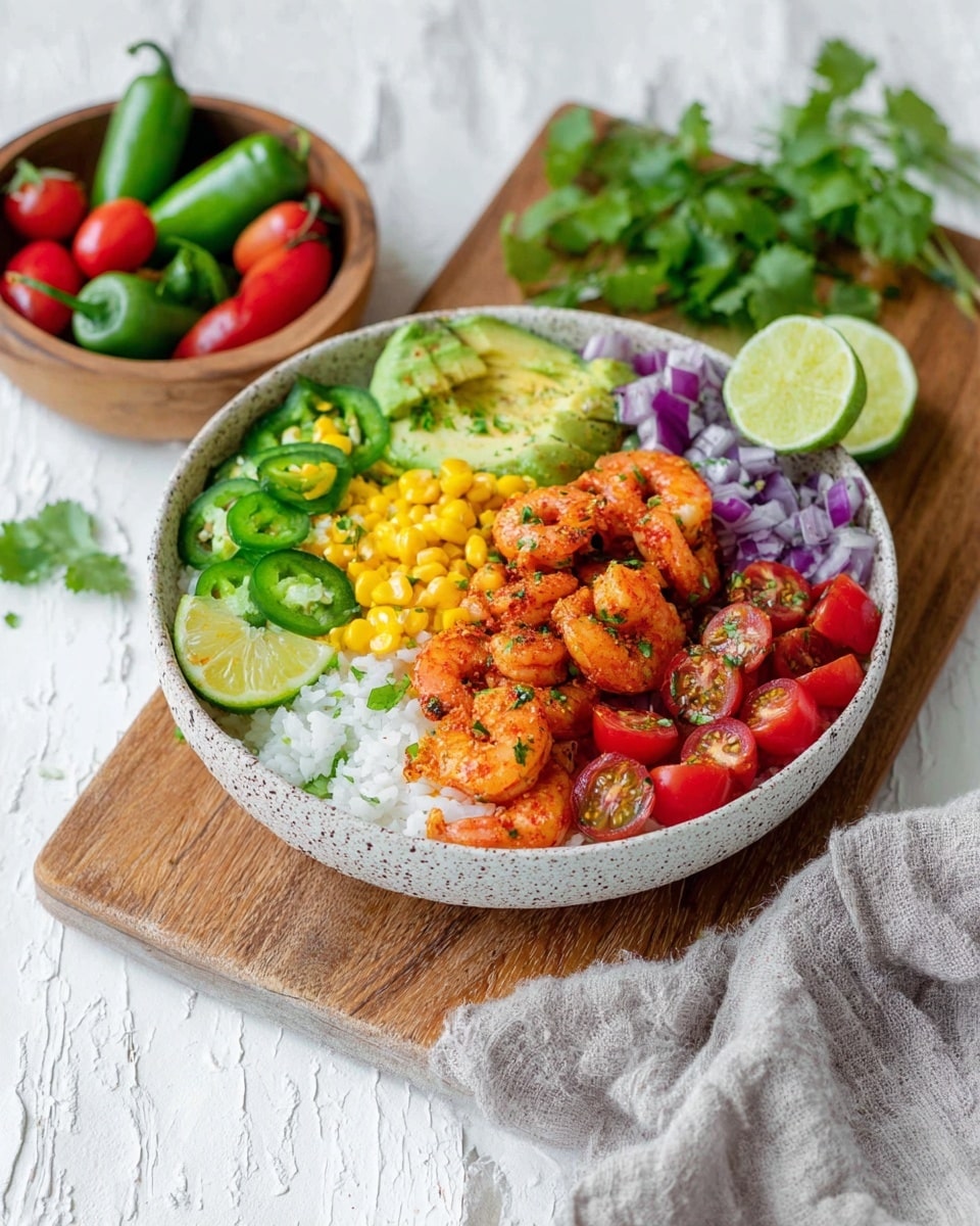 A white speckled bowl sits on a wooden board with a white marbled surface underneath. Inside, the bottom layer is white rice, topped with vibrant yellow corn and small pieces of chopped purple onion on one side. Next to this is a layer of bright green avocado slices paired with thin slices of fresh green jalapeño peppers. Cherry tomatoes cut in halves add bright red spots around the avocado. On top of all this are several cooked shrimp, orange in color with hints of seasoning and some green herb garnish. A wedge of lime rests on one side of the bowl. In the background, a wooden bowl contains whole jalapeños, cherry tomatoes, cilantro, and some red onion pieces. A light gray cloth is also partly visible near the bowl. Photo taken with an iphone --ar 4:5 --v 7