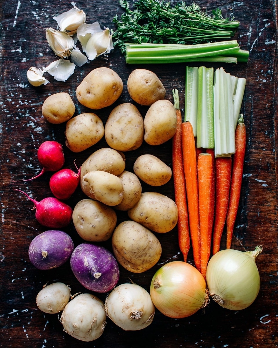 A group of raw vegetables arranged on a dark wooden surface with a white marbled texture. There are several light brown potatoes scattered across the middle, with bright orange carrots above them, alongside three green celery sticks. To the left of the potatoes are small red radishes, some whole and some sliced to show their white insides. Near the bottom left and right are light purple and white turnips and rutabagas. At the top left corner, there are three garlic cloves and some green herbs resting near the carrots. An onion with yellow skin is on the bottom right. The vegetables show natural textures, with rough and smooth skins. photo taken with an iphone --ar 4:5 --v 7