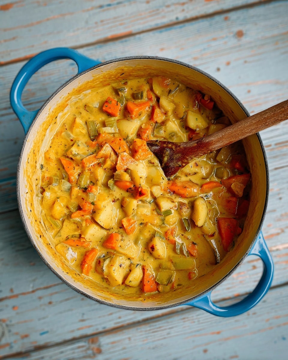 A blue pot filled with a thick orange-yellow stew that has many pieces of vegetables like orange carrots, light yellow potatoes, and light green celery spread all over. A wooden spoon rests inside the pot, partially covered by the creamy, smooth sauce and bits of vegetables. The pot is placed on a white marbled surface showing light blue wooden planks with worn paint around it. photo taken with an iphone --ar 4:5 --v 7