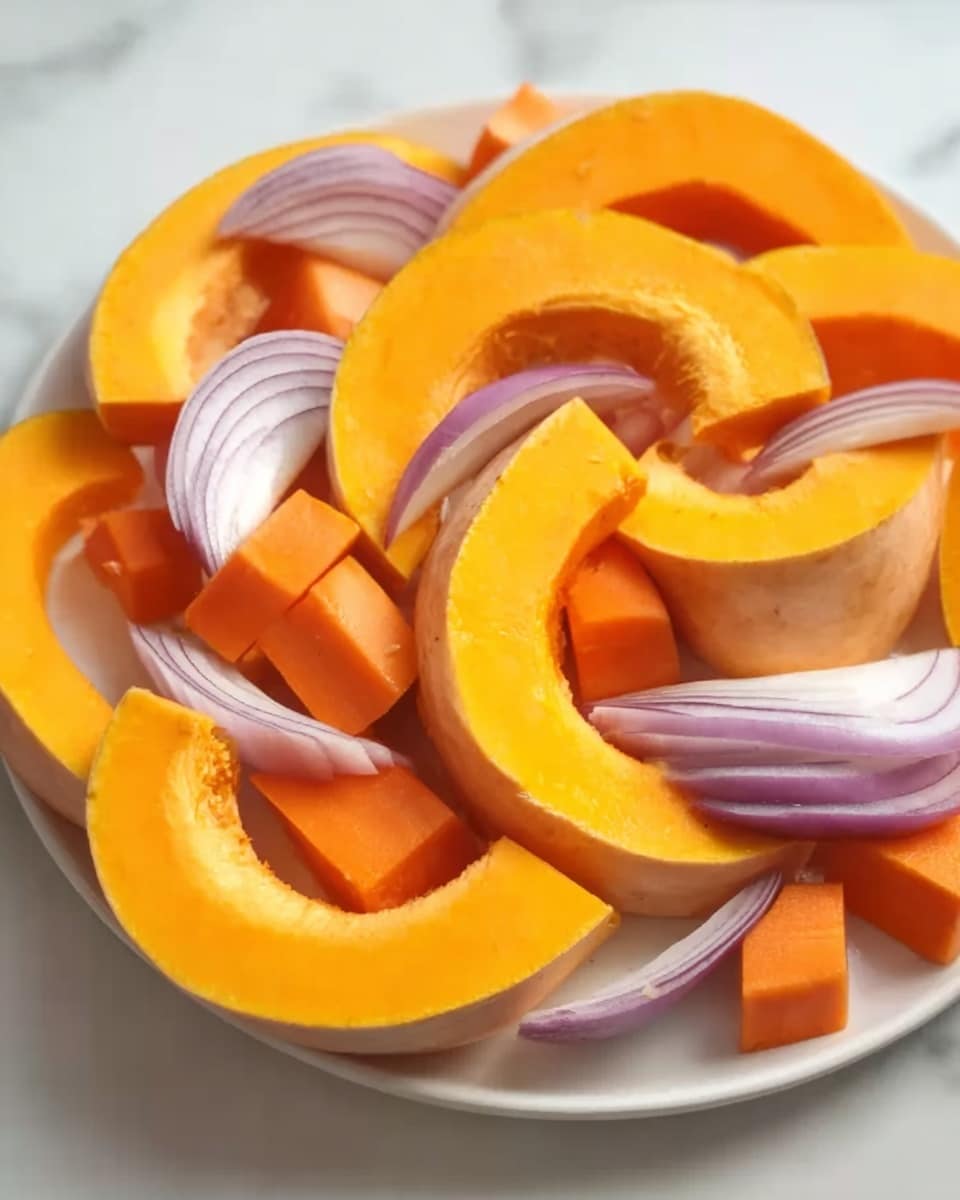 The image shows a white plate with large slices of bright orange pumpkin arranged in a circular pattern, their smooth, curved edges facing outward. Scattered between the pumpkin pieces are small rectangular chunks of carrot, which are a deeper orange color and have a firm texture. There are also wedges of red onion with purple and white rings, some showing the layered structure clearly. All the ingredients sit on a white marbled surface that adds a clean, fresh feel to the composition. Photo taken with an iphone --ar 4:5 --v 7