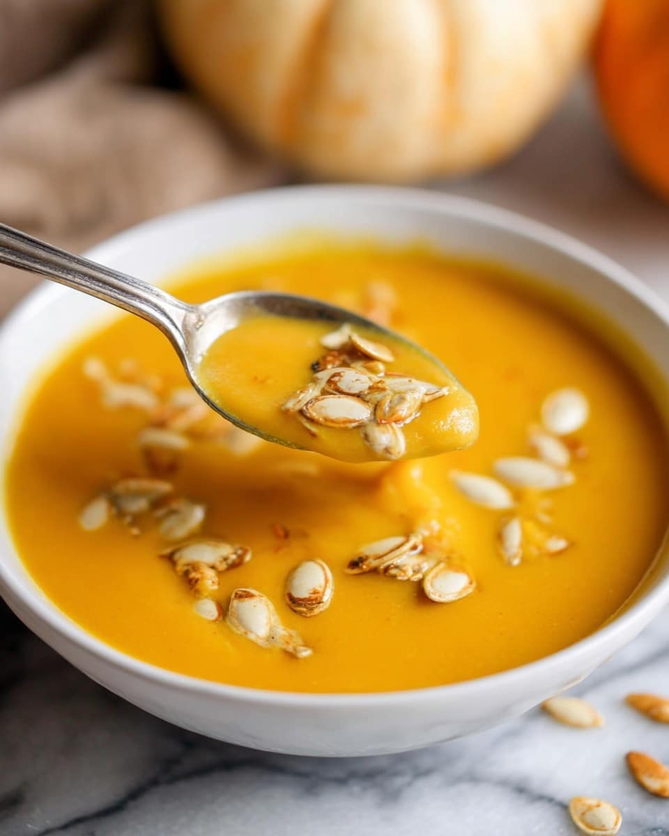 A white bowl filled with smooth, thick orange pumpkin soup, topped with scattered toasted pumpkin seeds that have a light brown, slightly crispy texture; a spoon lifts a spoonful of the soup with seeds on it from the bowl. The background shows a blurry white marbled surface with part of a pale orange pumpkin visible. Photo taken with an iphone --ar 4:5 --v 7