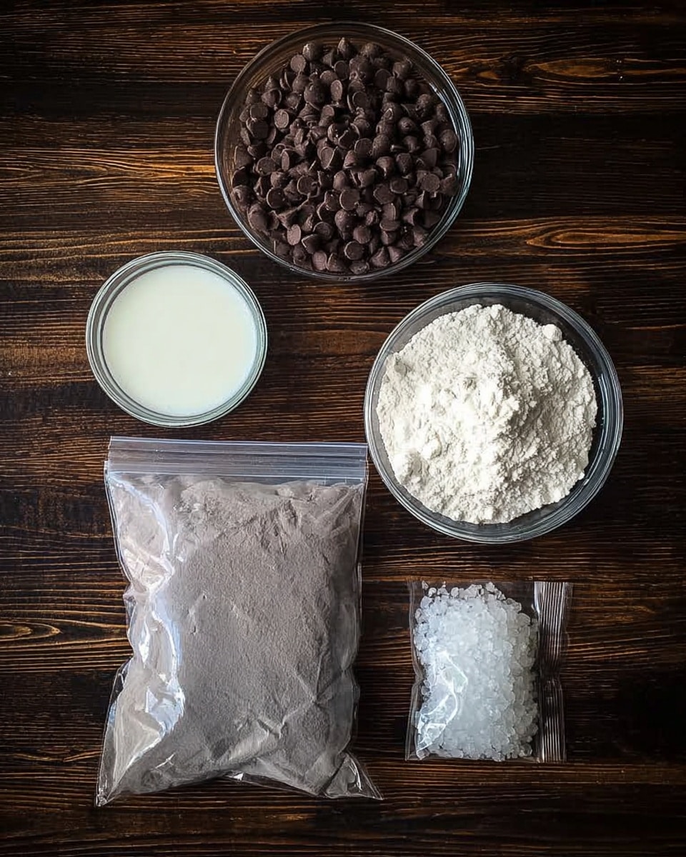 The image shows four clear glass bowls and one plastic bag arranged on a dark wooden surface. In the top middle bowl, there are many dark brown chocolate chips. To the left of it, a bowl contains white cream or milk. On the right side, there is a bowl filled with white powdered sugar or flour. Below these bowls in the center sits a sealed plastic bag containing a light gray powdery substance, likely flour or a similar ingredient. At the bottom, there is a small plastic bag with white powder or crystals inside. The background is a white marbled texture photo taken with an iphone --ar 4:5 --v 7