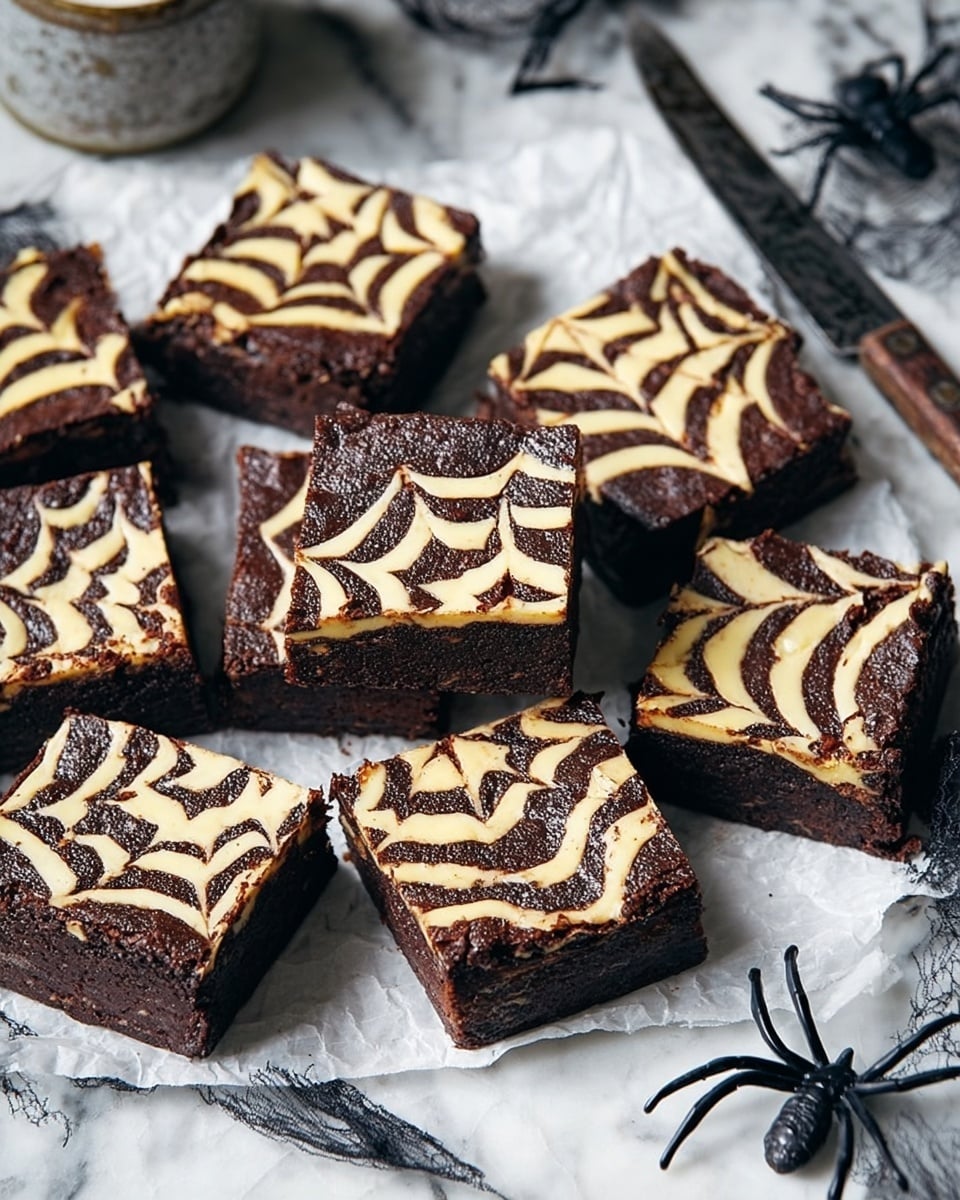 The image shows several square brownies arranged on a white marbled surface with a sheet of parchment paper underneath them. Each brownie has two thick layers: a dark chocolate base layer and a top layer with light cream-colored swirled spider web designs made from a creamy frosting or batter, creating a Halloween theme. The brownies have a slightly crackled texture on the dark chocolate parts. In the background, there is a white marbled surface with a rustic knife and a small cup on the left side, along with a black plastic spider decoration. Photo taken with an iphone --ar 4:5 --v 7