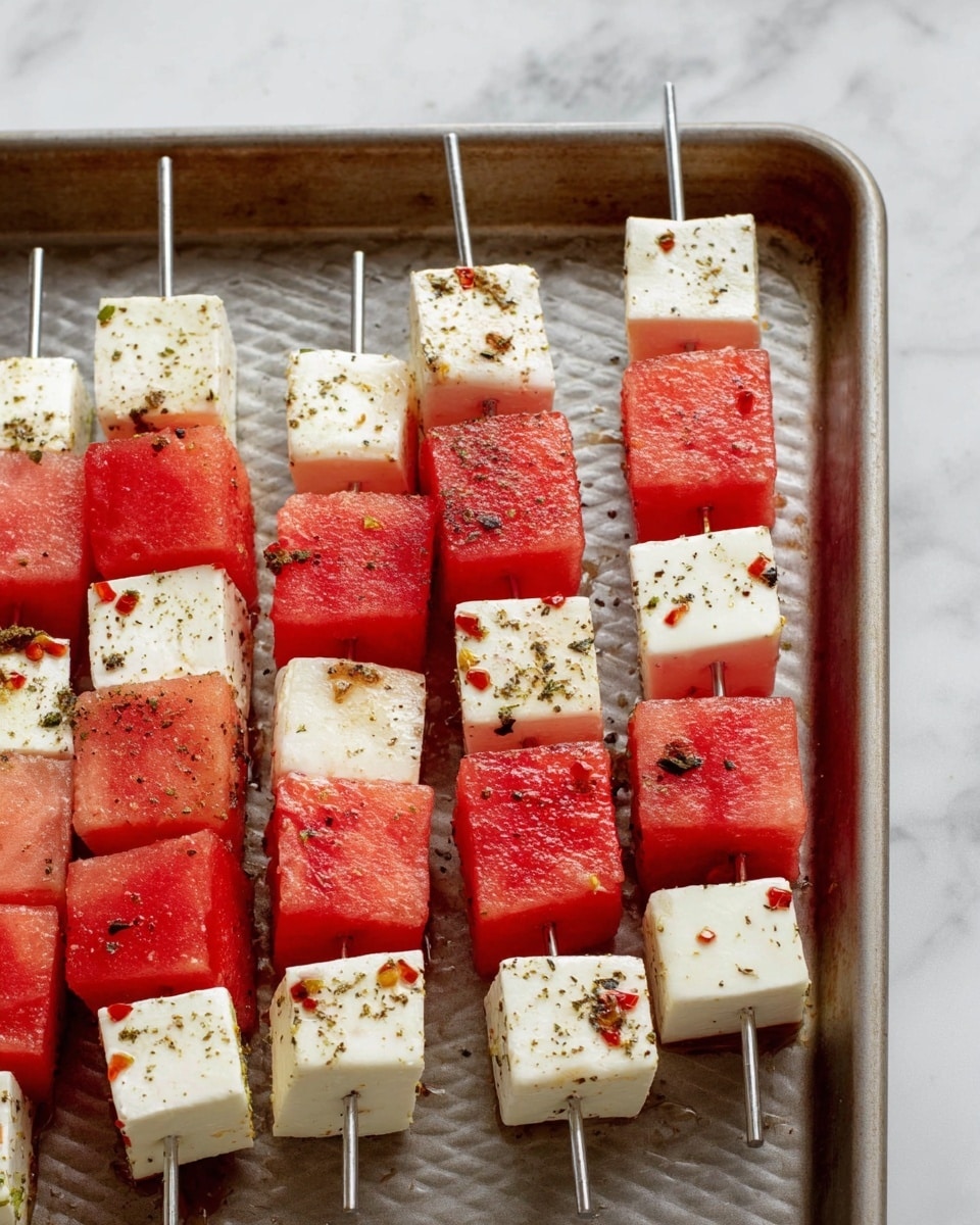 The image shows four metal skewers placed in a close row on a metal baking tray with a textured bottom. Each skewer is threaded with alternating cubes of white cheese and red watermelon. The cheese cubes have small black and red pepper flakes sprinkled on them, while the watermelon cubes have a fresh, juicy texture with some seeds visible. Each skewer has four cubes of watermelon and three cubes of cheese, stacked evenly from bottom to top. The baking tray rests on a white marbled surface. Photo taken with an iphone --ar 4:5 --v 7