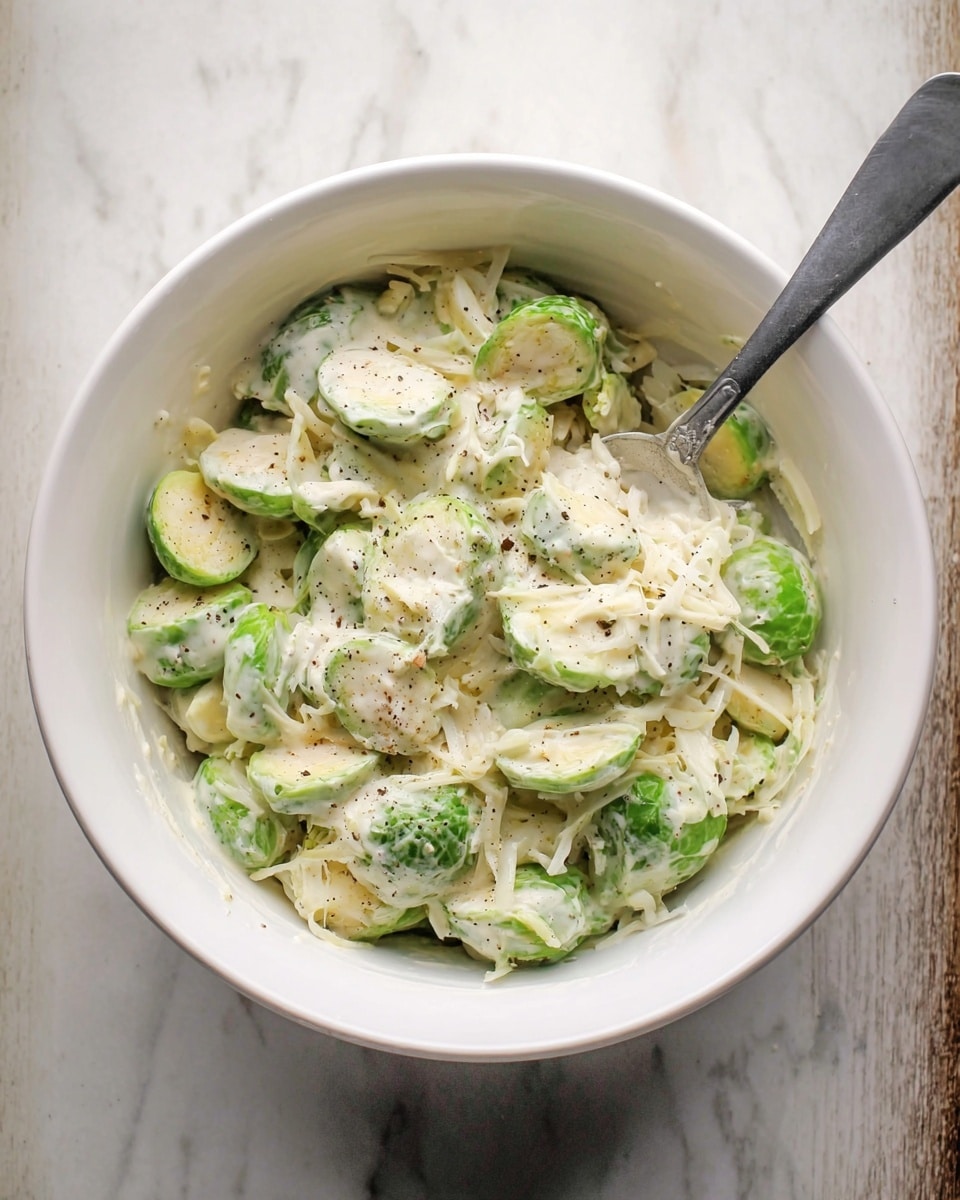 A white bowl filled with a thick creamy mixture containing light green halved Brussels sprouts and thin white shredded pieces, all coated evenly with a white sauce that has small black pepper flakes scattered throughout. A spoon with a grey handle is partially dipped into the mixture inside the bowl. The bowl sits on a white marbled surface. photo taken with an iphone --ar 4:5 --v 7