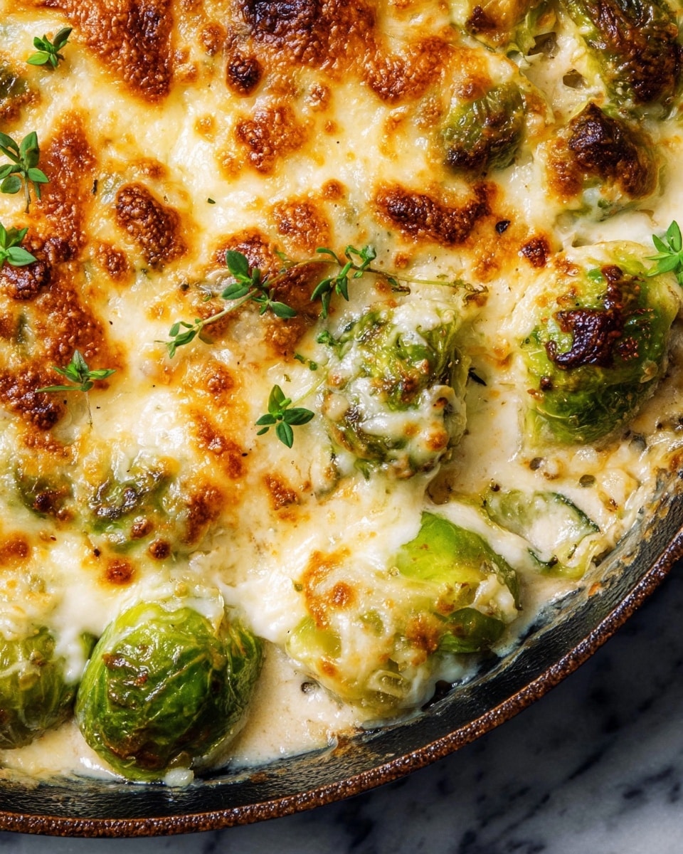 A close-up of a baked dish in a black pan filled with several Brussels sprouts covered in a thick, bubbly layer of melted and browned cheese. The cheese topping has golden-brown spots with a creamy texture and small green herb leaves scattered on top. The Brussels sprouts underneath are visible with a bright green color, peeking through the cheese in several spots. The background is a white marbled texture. photo taken with an iphone --ar 4:5 --v 7