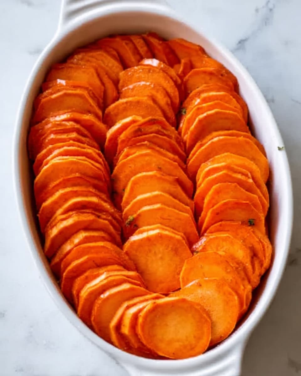 An oval white dish filled with thinly sliced orange sweet potatoes arranged in layered circles that cover the dish completely, each slice smooth and glistening with a light coating. The slices are placed neatly and tightly, showing a consistent thickness and bright, fresh orange color. The background shows a white marbled surface. photo taken with an iphone --ar 4:5 --v 7