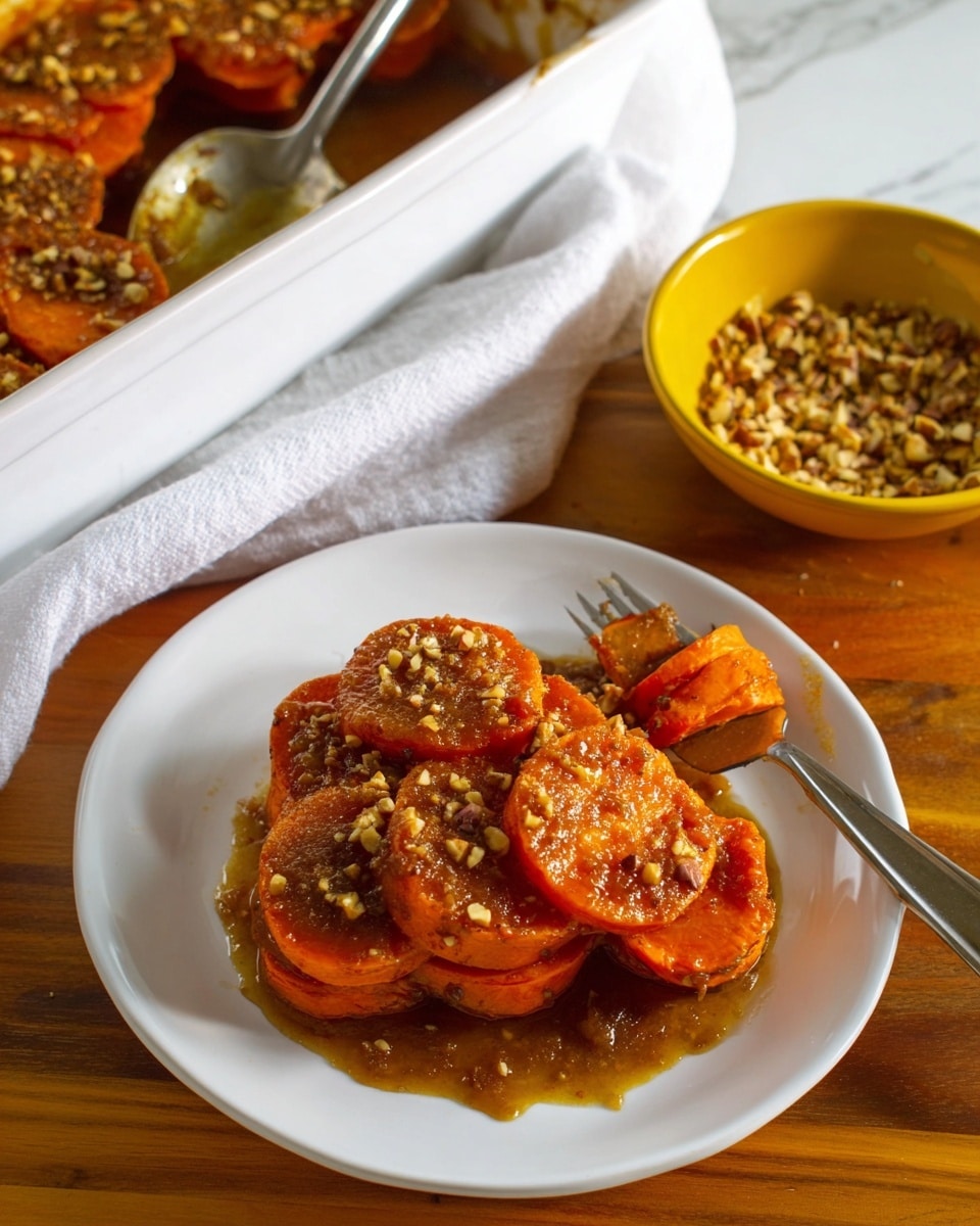 The image shows thick orange slices of sweet potatoes arranged in two stacked rows on a clean white plate, covered in a shiny brown sauce with tiny chopped nuts sprinkled on top. A silver fork holds a small piece of the sweet potato on the side of the plate. Part of a white baking dish filled with more sweet potatoes in brown sauce is visible in the top left corner, with a silver spoon scooping some out. Next to the baking dish, there is a small yellow bowl filled with chopped nuts, all placed on a wooden surface with a white cloth nearby. The background is a white marbled texture. photo taken with an iphone --ar 4:5 --v 7