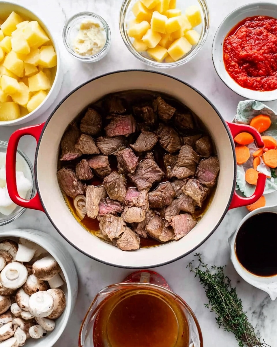 Inside a large white pot with red handles, there are many pieces of browned and seared meat, showing different shades of brown and pink with a slightly rough texture. Surrounding the pot on a white marbled surface are several white bowls and glass containers filled with chopped yellow potatoes, white sour cream, red tomato paste, sliced brown mushrooms, peeled garlic cloves, green dried herbs, and orange carrot slices garnished with green thyme. Additionally, there are small white bowls with bay leaves, soy sauce, and other dark and light liquids, as well as a clear glass measuring cup with brown broth. The arrangement is bright and well-lit, highlighting the fresh ingredients and the cooking process photo taken with an iphone --ar 4:5 --v 7