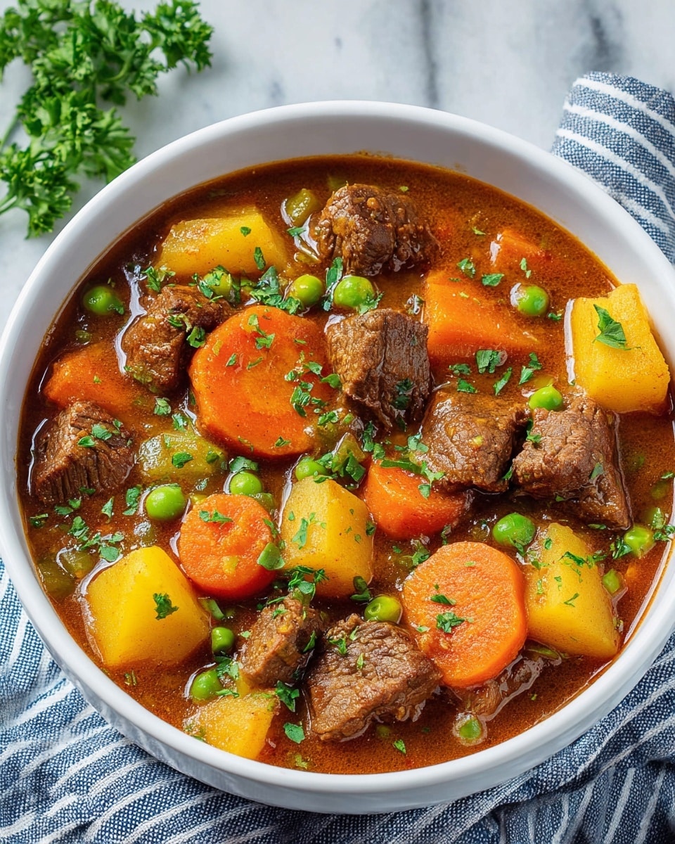 A white thick pot filled with a dark brown stew containing visible layers of chunky, dark brown beef pieces, bright orange carrot chunks, light yellow potato halves, and green celery pieces, all covered in rich, thick sauce. Fresh green herb sprigs are scattered on top, adding a touch of color; a metal ladle holds a mix of the beef, potato, carrot, and celery in the center of the pot. In the background, there is a white bowl and spoon on a white marbled surface with a blue cloth partially visible at the bottom left photo taken with an iphone --ar 4:5 --v 7