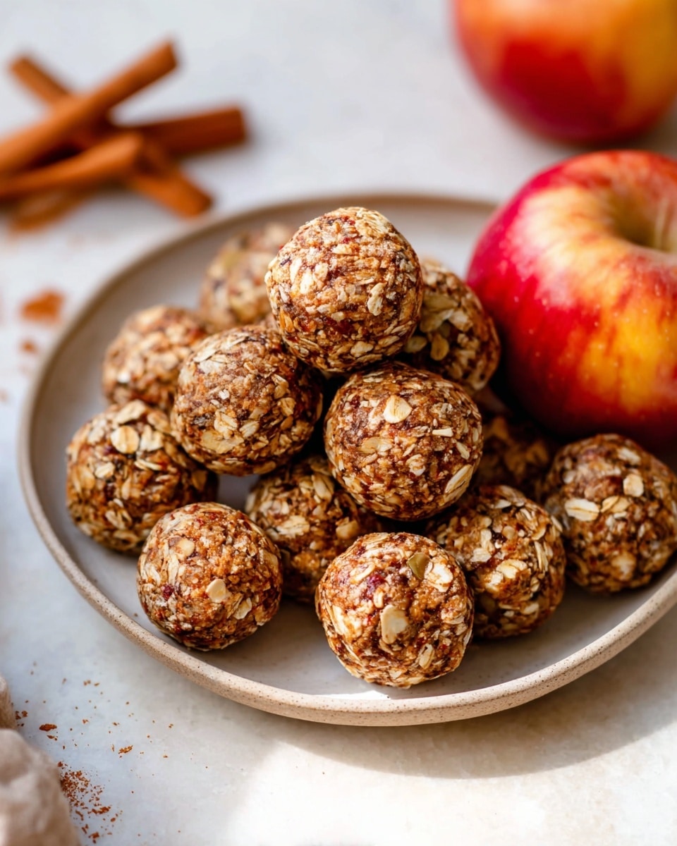 A white plate sits on a white marbled surface, stacked with around fifteen round energy balls made from oats, nuts, and seeds, showing a rough texture with shades of brown and beige. On the right side of the plate, there is a shiny red apple with a green leaf and dried apple slices scattered next to it. Two cinnamon sticks lay to the left of the plate, adding warm brown tones to the scene, with more apples placed around the plate. In the top left and bottom right corners, parts of small white bowls containing cinnamon powder and dried apple slices are visible. Photo taken with an iphone --ar 4:5 --v 7
