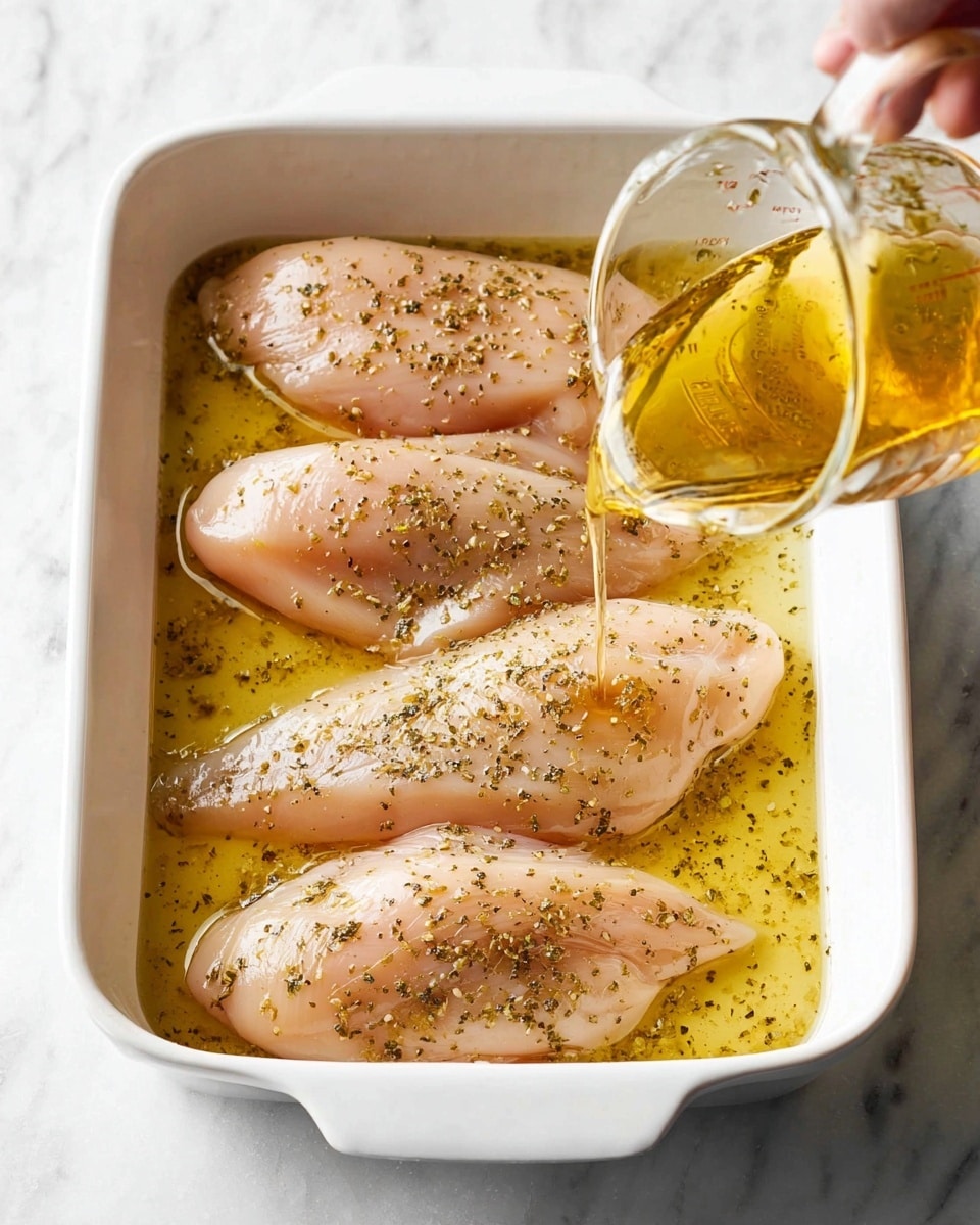 A white baking dish holds four raw chicken pieces laid flat in a single layer, each piece pale pink with a smooth texture, sprinkled evenly with small bits of black pepper and dried herbs. The chicken is partially covered with a thin golden oil marinade that pools around the edges of the dish. A clear glass measuring cup is tilted near the dish’s bottom right corner, pouring more of the shiny marinade over the chicken. The scene is set on a white marbled surface, and a woman’s hand holds the measuring cup handle. Photo taken with an iphone --ar 4:5 --v 7