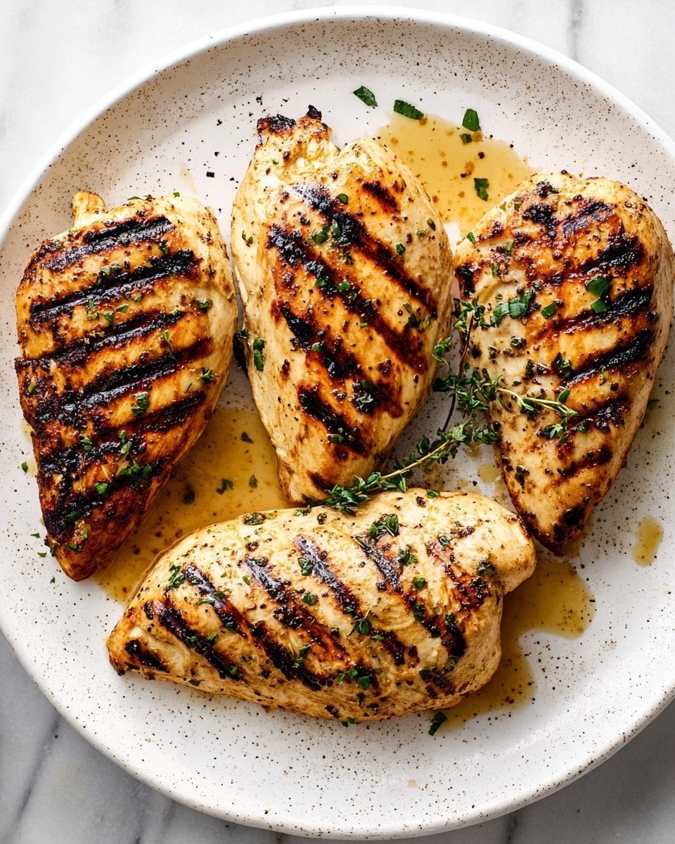 A white plate holding four pieces of grilled chicken with clear dark brown grill marks on top, sprinkled with small green herb bits, some pieces whole and one piece sliced into several thick, white meat layers with crispy edges, and light golden juice pooling around them with a few sprigs of green herbs scattered, all set on a white marbled surface. photo taken with an iphone --ar 4:5 --v 7