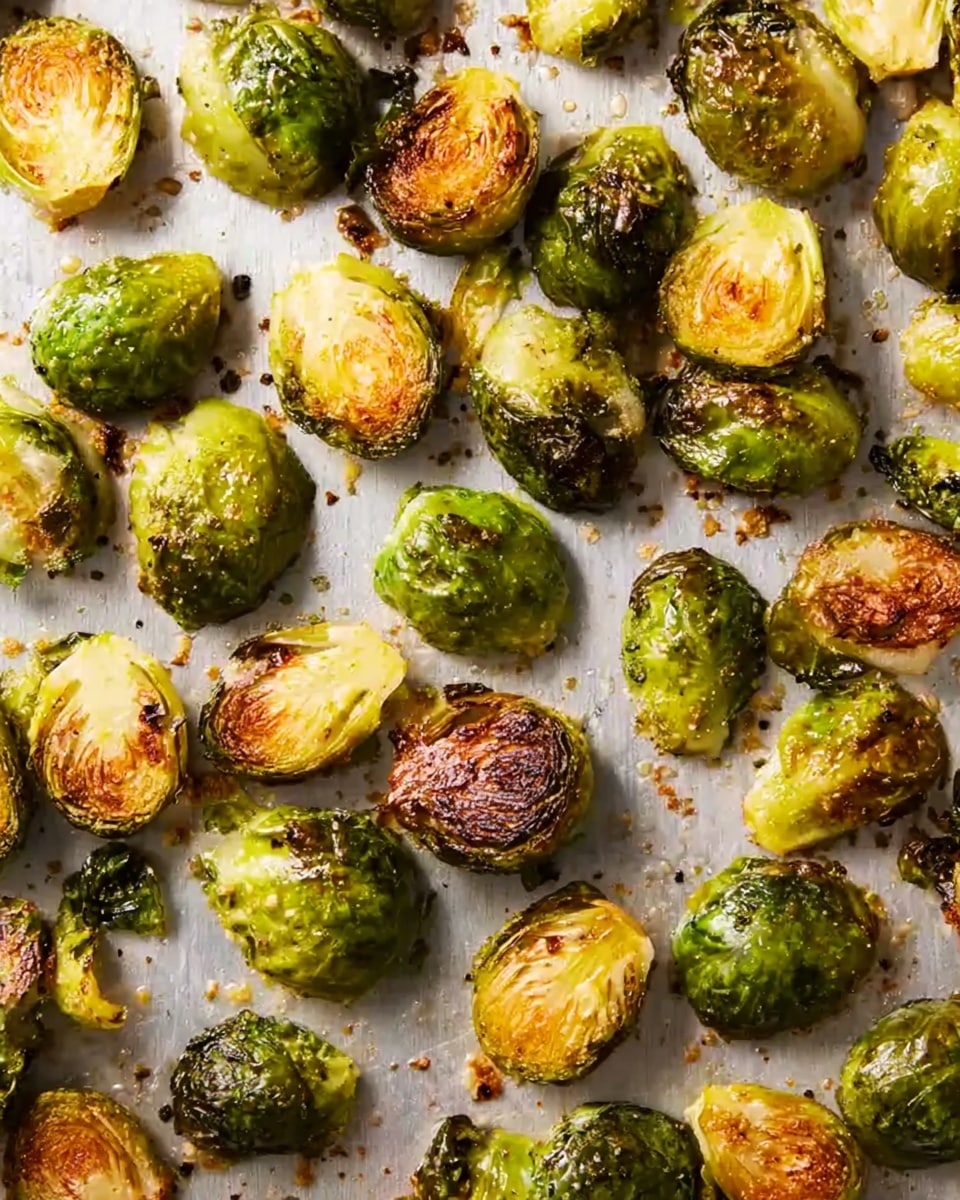 The image shows many halved Brussels sprouts scattered across a light-colored baking sheet with a white marbled surface underneath. Each Brussels sprout has a golden-brown, crispy roasted outer layer, with some edges visibly charred for a crunchy texture. The inner part of the cut sprouts is light green and softer, showing layers of tightly packed leaves. There are small bits of seasoning scattered around, adding a slightly speckled look to the overall shiny and textured surface of the roasted sprouts. Photo taken with an iphone --ar 4:5 --v 7