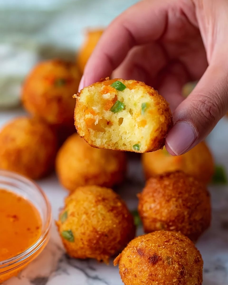 A close-up image shows a woman's hand holding a small, round, golden-brown fried ball with a soft, light yellow inside that has small green and orange bits. In the background, more of these fried balls are scattered, all with a crunchy, textured outer layer. The surface beneath is a white marbled texture, with a small clear bowl of orange dipping sauce partially visible on the left side. The lighting highlights the crispiness of the balls and the softness inside. Photo taken with an iphone --ar 4:5 --v 7