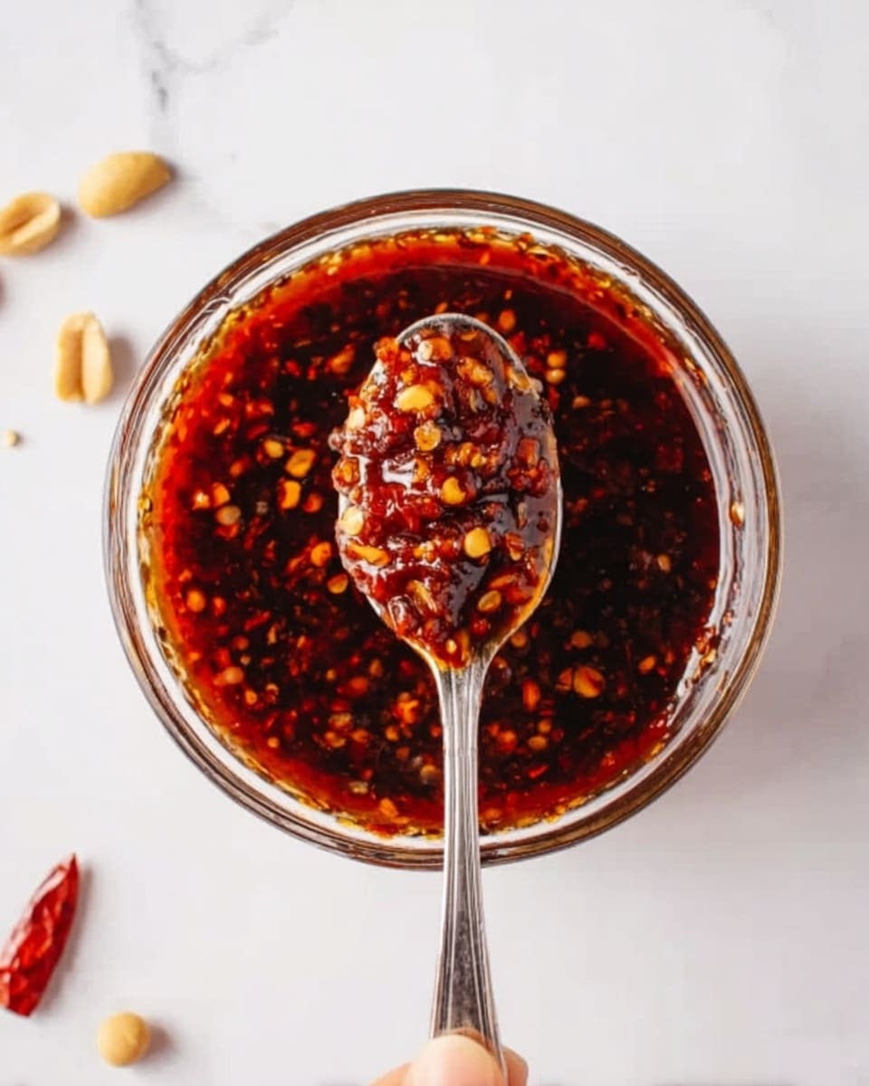 A clear glass bowl filled with a thick dark red sauce containing small chili flakes and seeds. A silver spoon rests inside the bowl, holding a scoop of the same chunky red sauce with bits of chili and garlic visible. The bowl is placed on a white marbled surface, and a woman's hand holds the spoon above the bowl. There are some scattered peanuts and chili pieces around the bowl. Photo taken with an iphone --ar 4:5 --v 7