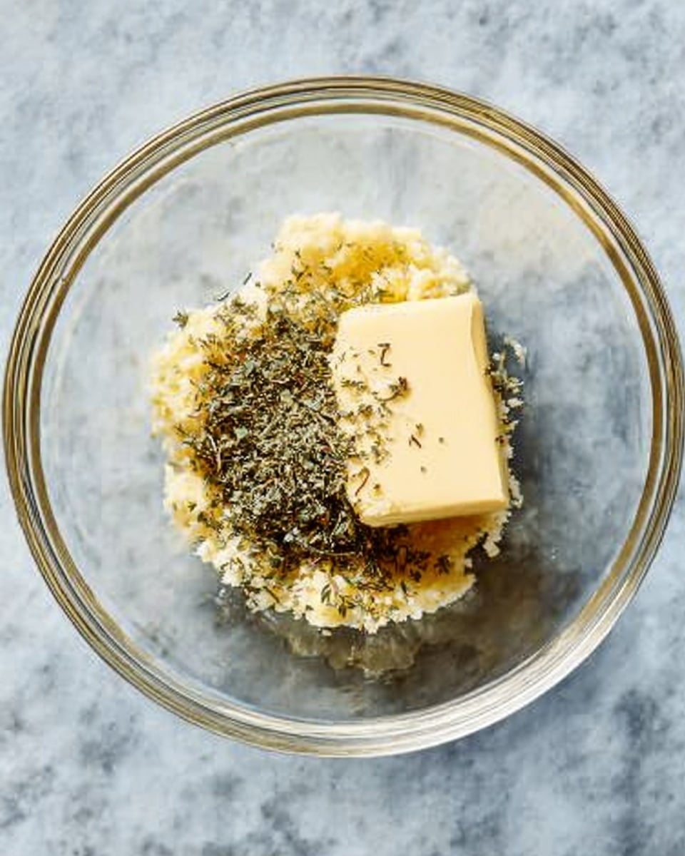 A clear glass bowl is placed on a white marbled surface. Inside the bowl, there are three layers of ingredients: a large light yellow block of butter positioned on the right side, finely chopped light yellow garlic spread in the bottom center, and a mix of dried green and brown herbs sprinkled over the butter and garlic. The overall scene is simple and organized, with soft natural light highlighting the textures of the ingredients. photo taken with an iphone --ar 4:5 --v 7
