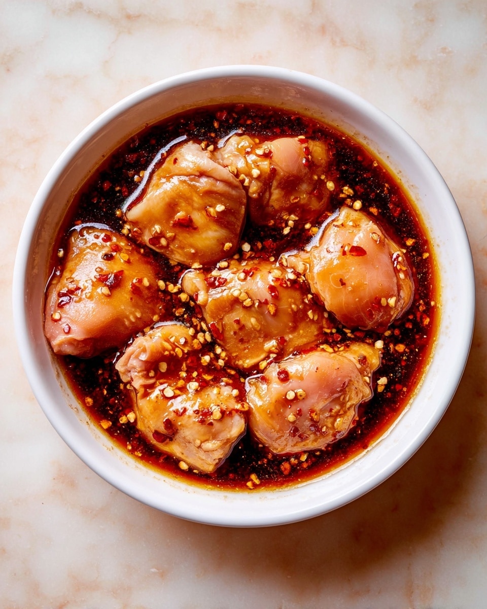 A white bowl filled with seven pieces of raw chicken thighs soaking in a dark shiny sauce with small bits of garlic and chili flakes. The sauce has a glossy reddish-brown color covering the chicken evenly, and the chicken pieces have a light pinkish color under the sauce. The bowl sits on a white marbled surface that contrasts with the deep colors of the food. Photo taken with an iphone --ar 4:5 --v 7