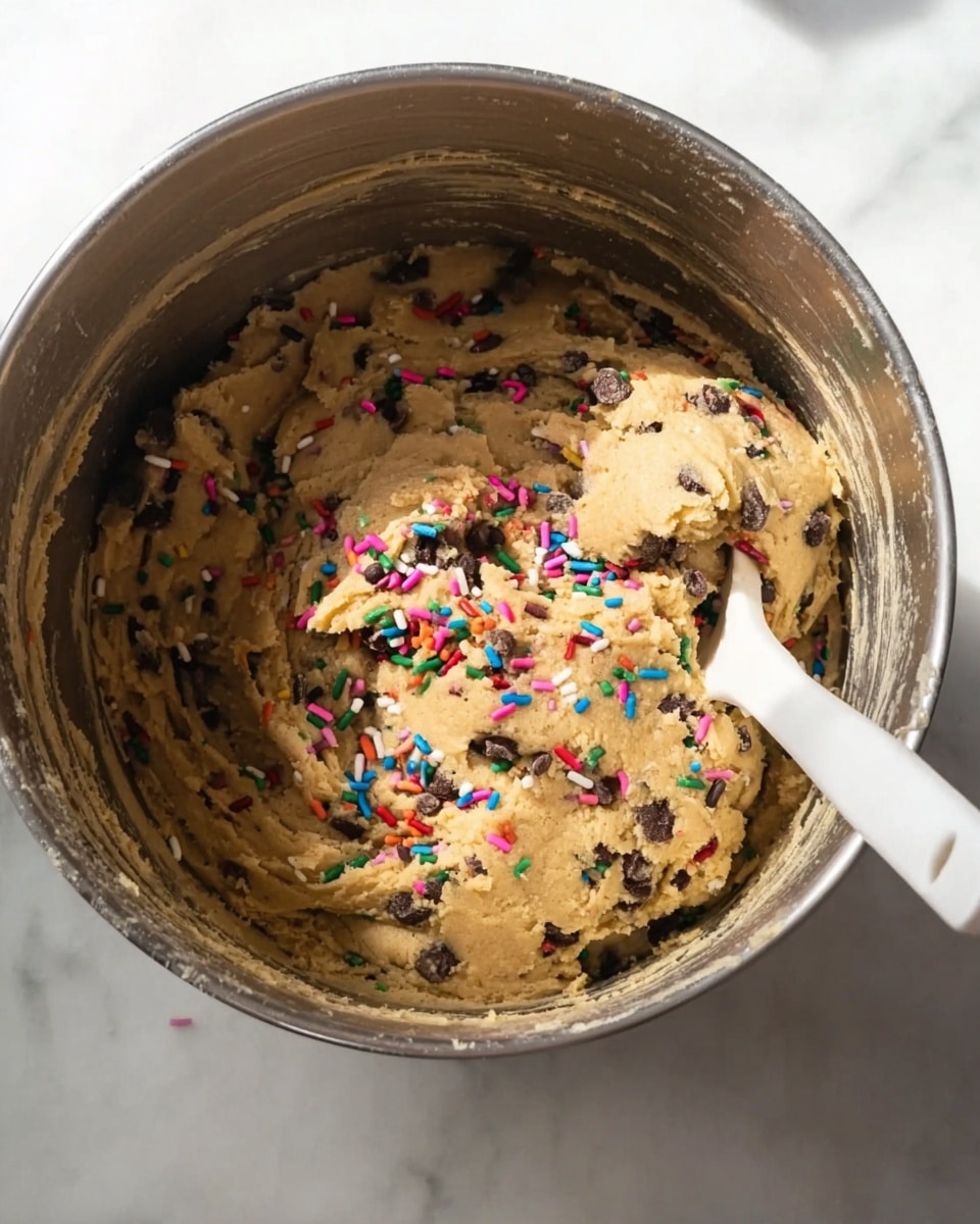 A metal mixing bowl filled with thick, light brown cookie dough mixed with small dark chocolate chips and colorful sprinkles scattered evenly throughout the dough. A white spatula is partially dipped into the dough on the right side of the bowl. The bowl sits on a white marbled surface with bright, natural lighting highlighting the dough's soft and dense texture. photo taken with an iphone --ar 4:5 --v 7