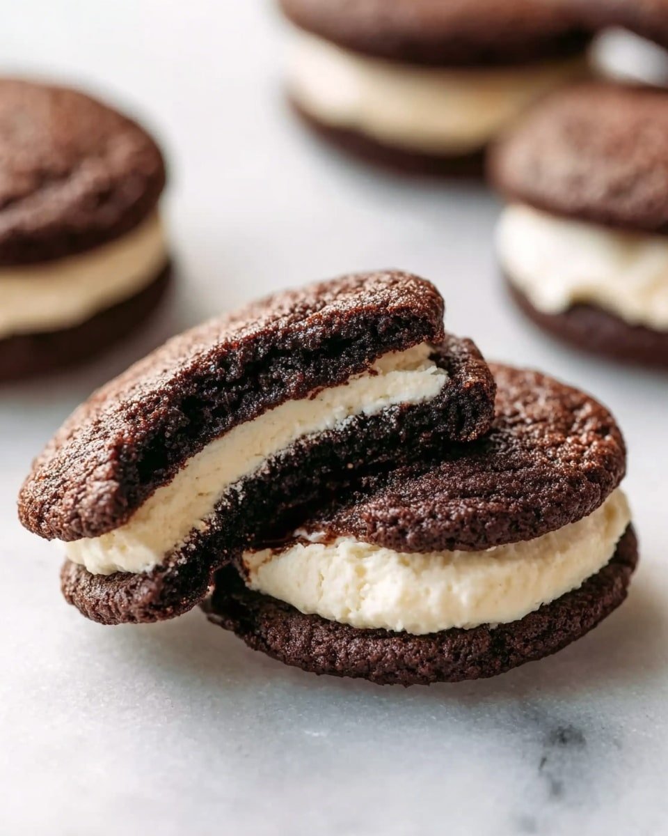 A close-up view of a cookie sandwich with two dark brown, rough-textured chocolate cookie layers holding a thick, creamy white filling in between. The sandwich is placed on a white marbled surface. The front cookie is slightly broken, showing the soft interior and the creamy filling clearly. In the background, there are more cookie sandwiches that are whole but out of focus. Photo taken with an iphone --ar 4:5 --v 7