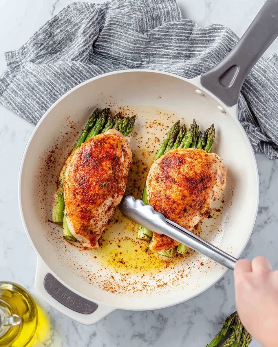 The image shows two cooked pieces of chicken with a reddish spice coating, each stuffed with green asparagus spears, placed in a white skillet with a gray handle. The chicken has a slightly browned, textured surface with visible spices scattered around them in the pan. A woman's hand is holding a pair of silver tongs, lifting one piece of chicken. The skillet is set on a white marbled surface with a gray and white striped cloth beside it, and a glass bottle with yellow oil is visible near the bottom right corner. Photo taken with an iphone --ar 4:5 --v 7