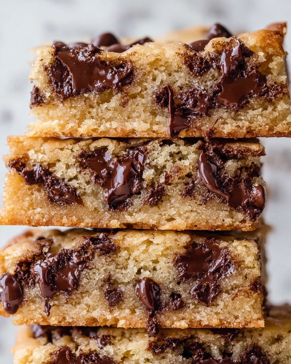 A close-up view of a stack with five thick square pieces of soft chocolate chip cookie bars. Each layer shows a light golden brown, crumbly texture filled with many melted, dark brown chocolate chips that look smooth and shiny. The bars are stacked unevenly, with some chocolate chips slightly dripping and sticking out. The background is a soft, out-of-focus white marbled surface. photo taken with an iphone --ar 4:5 --v 7
