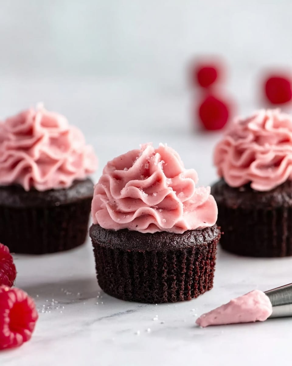 Three small chocolate cupcakes with dark brown, slightly rough textured bases sit in a row on a white marbled surface. Each cupcake has a tall, fluffy swirl of smooth pink frosting on top, decorated with tiny white sugar crystals. In the background and out of focus, there are a few bright red raspberries scattered around, adding a pop of color. The scene is softly lit, showcasing the contrast between the dark cupcake and the light pink frosting, with a blurred piping bag tip slightly visible in the bottom right corner. Photo taken with an iphone --ar 4:5 --v 7