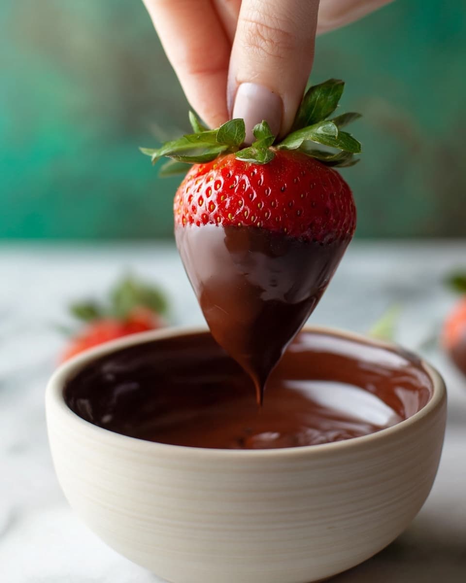 A close-up of a large red strawberry with green leaves on top, dipped about two-thirds into a thick dark brown chocolate layer that has a smooth and glossy texture. The strawberry is held by a woman's hand with two fingers gently pinching the green leaves. The chocolate lightly drips down from the strawberry's bottom tip. The strawberry and chocolate rest above a white bowl filled with dark chocolate, showing swirls and streaks of chocolate on the bowl's inside edges. The background is a white marbled texture with a soft-focus green area behind. photo taken with an iphone --ar 4:5 --v 7