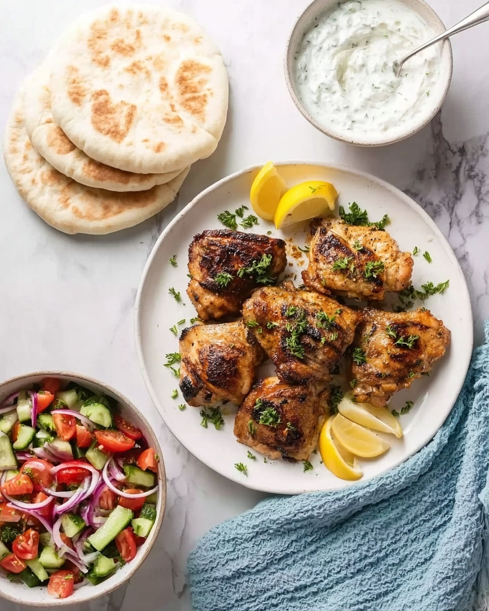 The image shows a white plate with five pieces of golden-brown grilled chicken thighs arranged in the center, topped with small green herb leaves and surrounded by three bright yellow lemon wedges. To the left of the plate, there are four stacked round white pita breads with a lemon wedge on top. Above the pitas, a white bowl filled with creamy white sauce speckled with small green herbs is visible. Below the chicken plate, there is a white bowl holding a colorful salad made of red tomatoes, green cucumbers, red onions, and green herbs, with a silver spoon resting inside. All items are placed on a white marbled surface with a soft blue textured cloth on the right side. Photo taken with an iphone --ar 4:5 --v 7