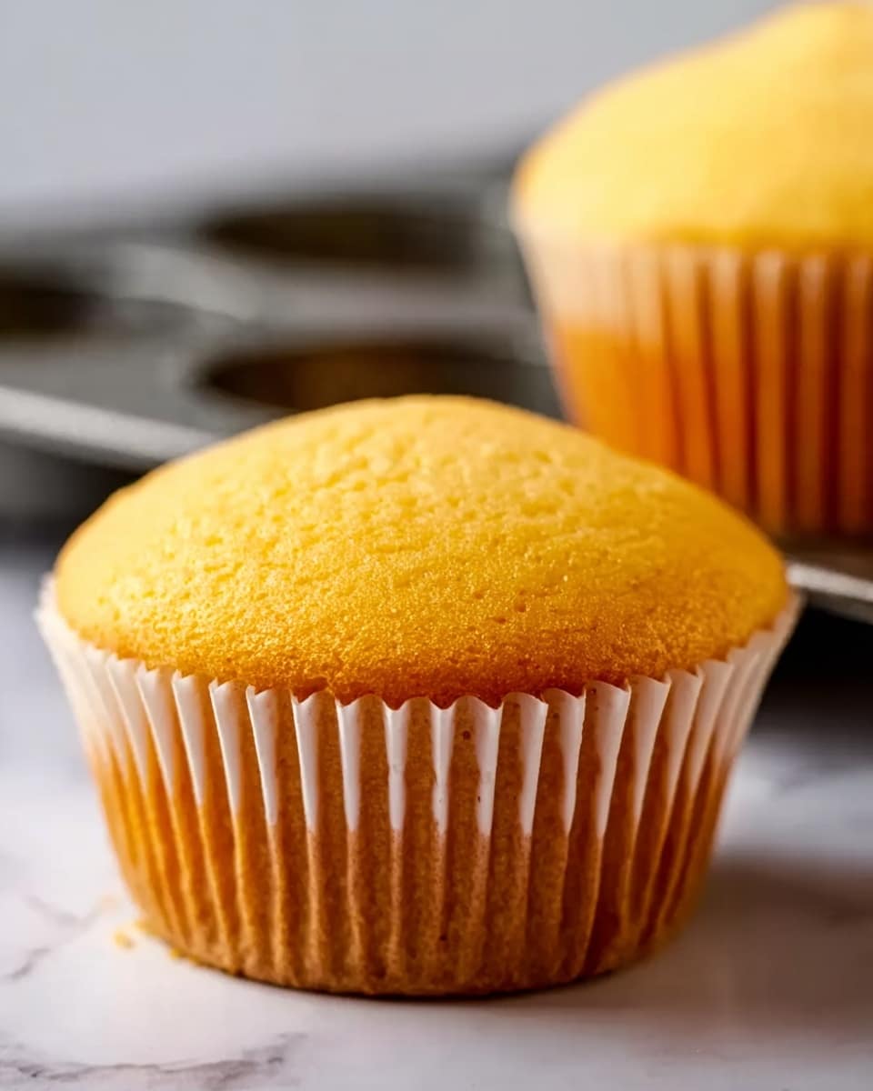 The image shows a close-up of a golden yellow cupcake with a smooth, slightly rounded top. It is wrapped in a white cupcake liner with vertical ridges, resting inside a dark metal baking cup. Another similar cupcake is slightly out of focus in the background. The cupcake's texture looks soft and fluffy, and the scene is set on a white marbled surface. photo taken with an iphone --ar 4:5 --v 7