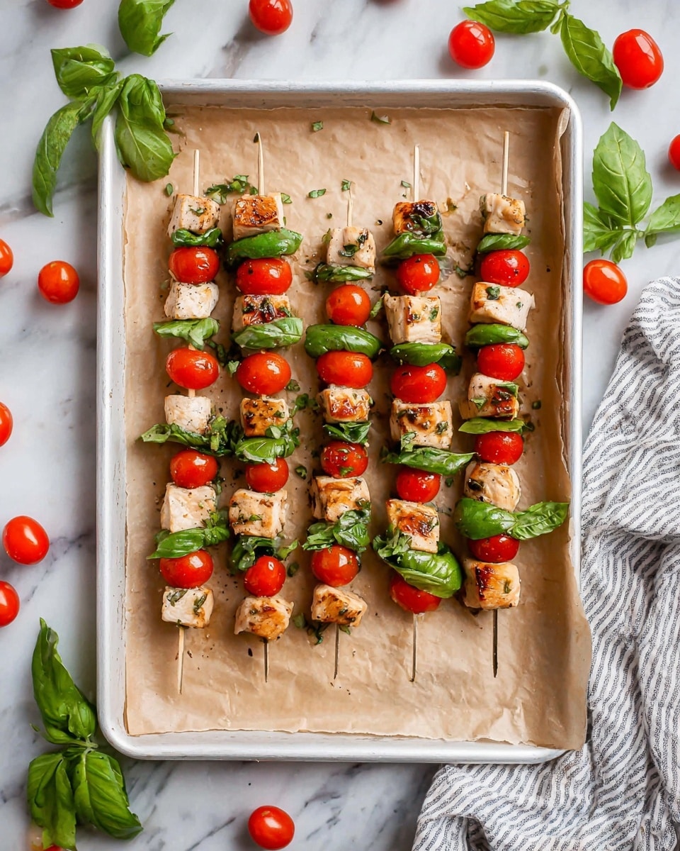 The image shows a white baking tray lined with brown parchment paper, holding 15 skewers. Each skewer has three layers: a light brown grilled chicken piece at the top and bottom, with a bright red cherry tomato and fresh green basil leaf in the middle. The tray is set on a white marbled surface scattered with red tomatoes and green basil leaves. A striped white and gray cloth is partially visible on the right side. Photo taken with an iphone --ar 4:5 --v 7