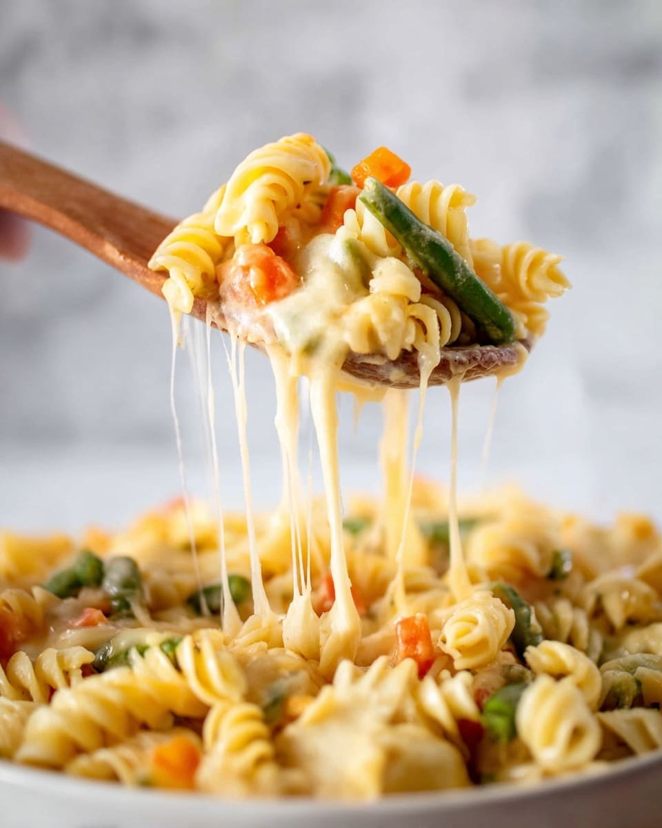 A white rectangular baking dish filled with a pasta casserole. The top layer is golden-brown melted cheese with a slightly crispy texture. Below the cheese, yellow spiral pasta is mixed with cut pieces of white chicken, green peas, sliced green beans, small carrot strips, and yellow corn. A silver spoon is partially scooping out the pasta, revealing the creamy mixture inside. The dish sits on a white marbled surface with a gray cloth to the side and some sprigs of herbs scattered around. photo taken with an iphone --ar 4:5 --v 7