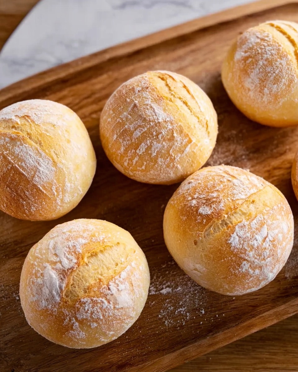 The image shows six round bread rolls with a light golden crust and a dusting of flour on top, placed on a wooden tray. Each roll has a textured, slightly cracked surface with a single shallow score running across the top. The rolls are evenly spaced on the tray, which has a warm brown color and a smooth finish. The background is a white marbled texture. photo taken with an iphone --ar 4:5 --v 7