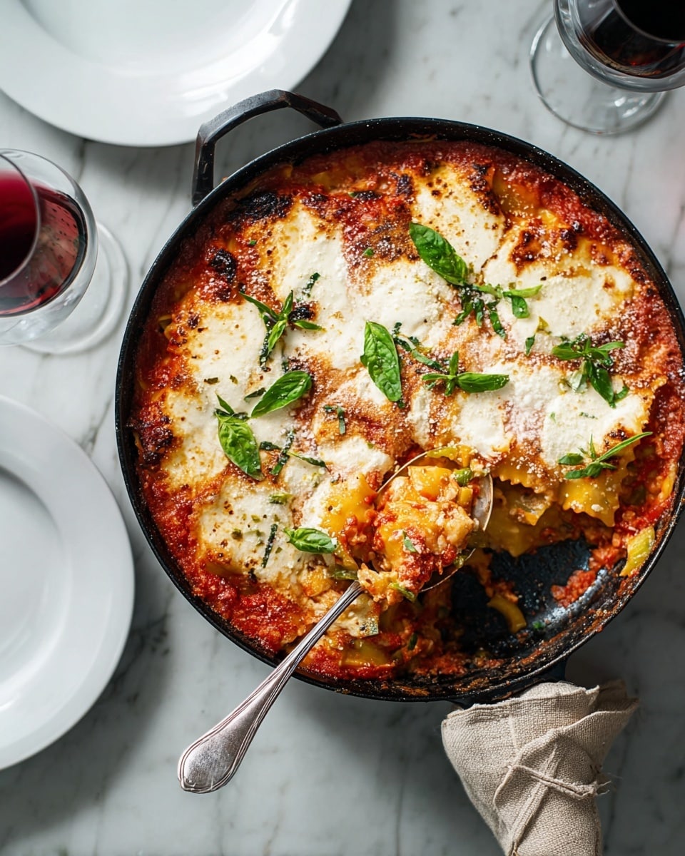 The dish is a baked pasta layered in a black cast iron pan, showing wide, ruffled pasta sheets mixed with a thick red tomato sauce visible beneath and around the pasta. There are scattered pieces of cooked mushrooms and bits of red pepper mixed in the sauce. Large melted white cheese blobs are spread unevenly across the top, slightly soft and creamy in texture, with grated cheese sprinkled lightly over. Fresh green basil strips are placed on top, adding a fresh contrast to the red and white layers. The pan sits on a white marbled surface, with a close-up view highlighting the rich colors and textures. photo taken with an iphone --ar 4:5 --v 7