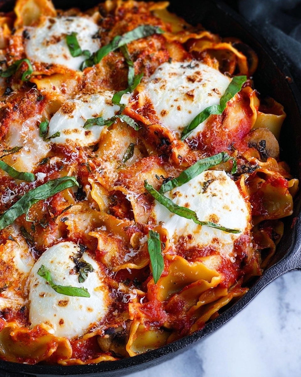 The image shows a close-up of a skillet with a layered lasagna dish; the first layer visible is a rich red tomato sauce mixed with bits of vegetables and ground filling, topped with creamy white melted cheese patches and sprinkled with green sliced basil leaves. A large spoon lifts one serving from the skillet, revealing layers of soft pasta sheets, thick tomato sauce with vegetables, and melted cheese on top, garnished with fresh basil. The background is dark, and the surface beneath the skillet has a white marbled texture. photo taken with an iphone --ar 4:5 --v 7