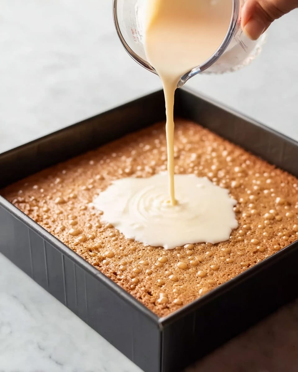 A thick, golden-brown cake layer is shown inside a black square baking pan with a textured top full of small bubbles. A smooth, creamy white liquid is poured over the center of the cake from a clear measuring cup held by a woman's hand above. The background surface is a white marbled texture. photo taken with an iphone --ar 4:5 --v 7