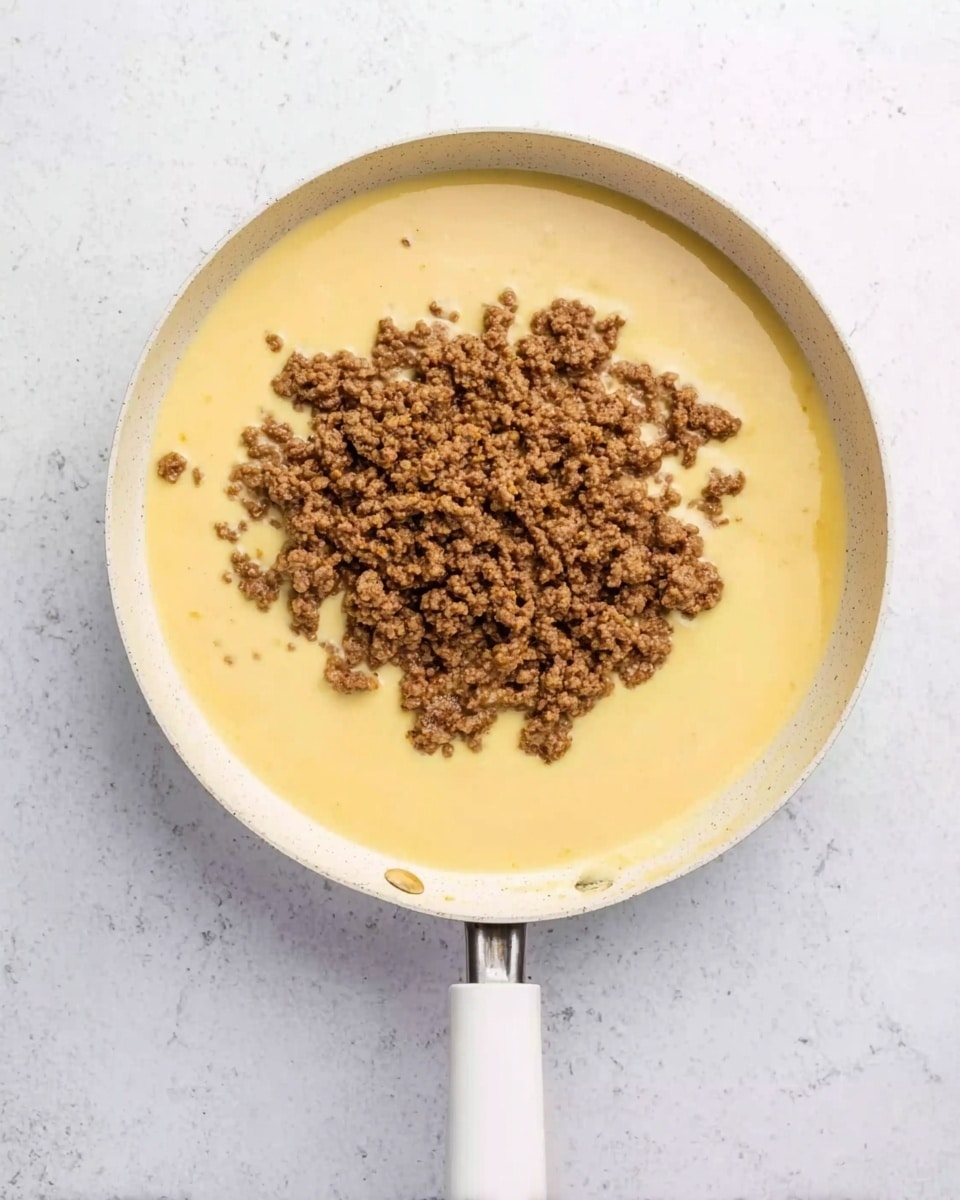 The image shows a white pan filled with a creamy yellow sauce, smooth in texture, covering the entire base of the pan. On top of the sauce, toward the center, there is a generous pile of cooked ground meat, brown and crumbly with small visible bits of seasoning. The pan handle extends toward the bottom of the image and is placed on a white marbled surface. The overall look is simple with clear contrast between the creamy sauce and the browned meat. photo taken with an iphone --ar 4:5 --v 7