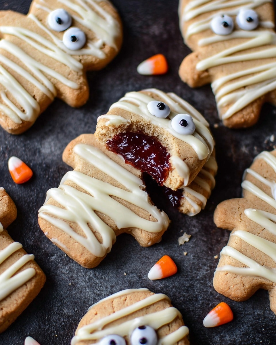 The image shows several mummy-shaped cookies on a dark textured surface with a white marbled background added. Each cookie has a pale beige base layer with white icing drizzled in thick lines across the shape to mimic mummy bandages. Two small, round white candy eyes with black pupils are placed on the head of each cookie. One cookie is broken in half, showing a dark, glossy filling inside. Scattered around the cookies are extra candy eyes and two small pumpkins with bright orange skin and green stems. Photo taken with an iphone --ar 4:5 --v 7