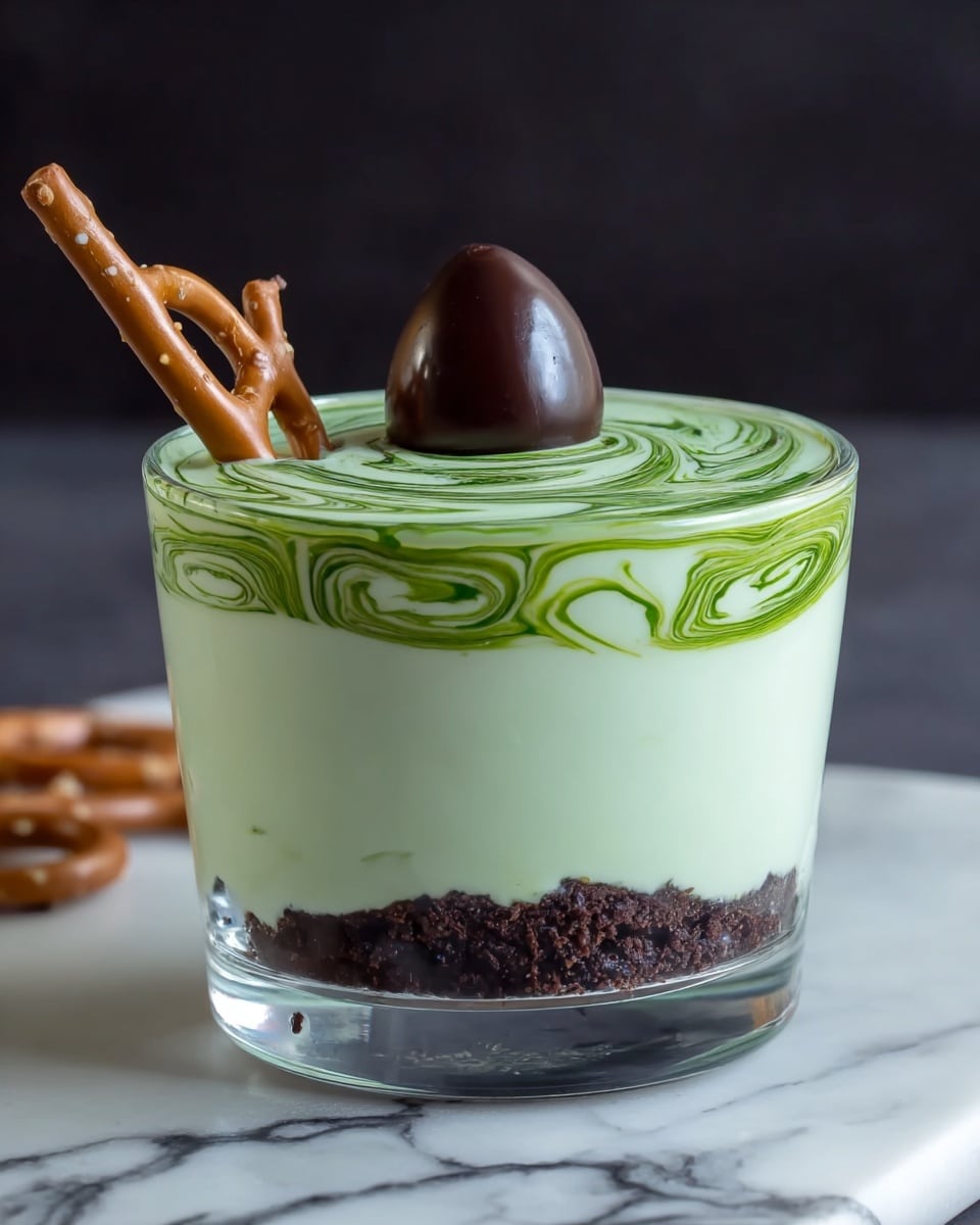 A glass filled with a light green creamy drink, topped with a thick layer of white foam that has swirls of bright green color. On top of the foam, there is a whole dark cookie with a round, shiny chocolate piece placed in the center. A small brown cinnamon stick stands upright on one side of the glass. The glass sits on a white marbled surface with a green apple and a bundle of thin, light brown sticks nearby. A woman's hand is gently holding the glass from the side. Photo taken with an iphone --ar 4:5 --v 7