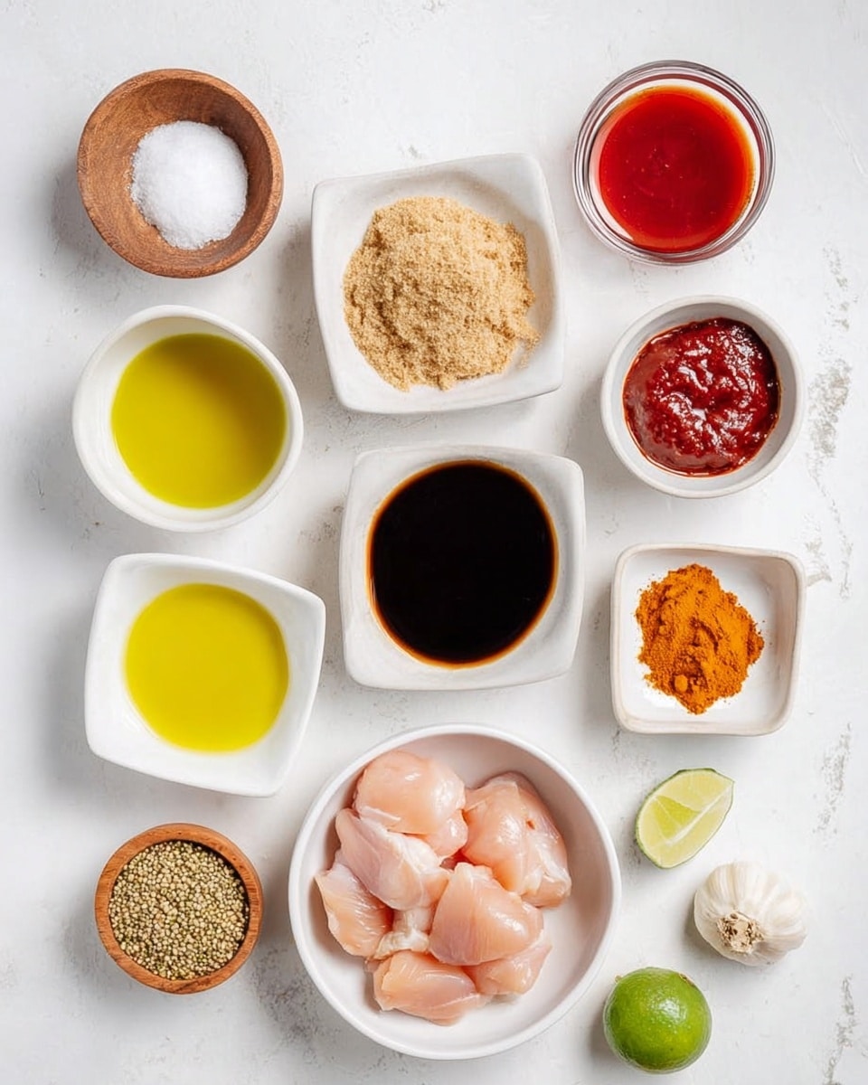 A white marbled surface holds ten white and wooden bowls with different ingredients arranged in a loose grid. At the center bottom is a white bowl with raw chicken pieces, soft pink in color, smooth in texture. Above it to the left is a small wooden bowl with white salt, and next is a white bowl of bright yellow oil. To the right of the chicken is a white bowl with light brown sugar, crumbly in texture. Above the sugar bowl is a small clear glass bowl with red liquid sauce. Above the salt bowl is a white bowl with dark brown soy sauce. To the right of that is a square white bowl with deep red chili paste. At the bottom right is a round small dish with golden curry powder, beige mustard seeds, and a light brown dollop of mustard, next to a peeled garlic clove and a whole fresh lime. Nearby, a small wooden bowl holds ground black pepper and a square white bowl contains a thick white yogurt-like substance. Photo taken with an iphone --ar 4:5 --v 7