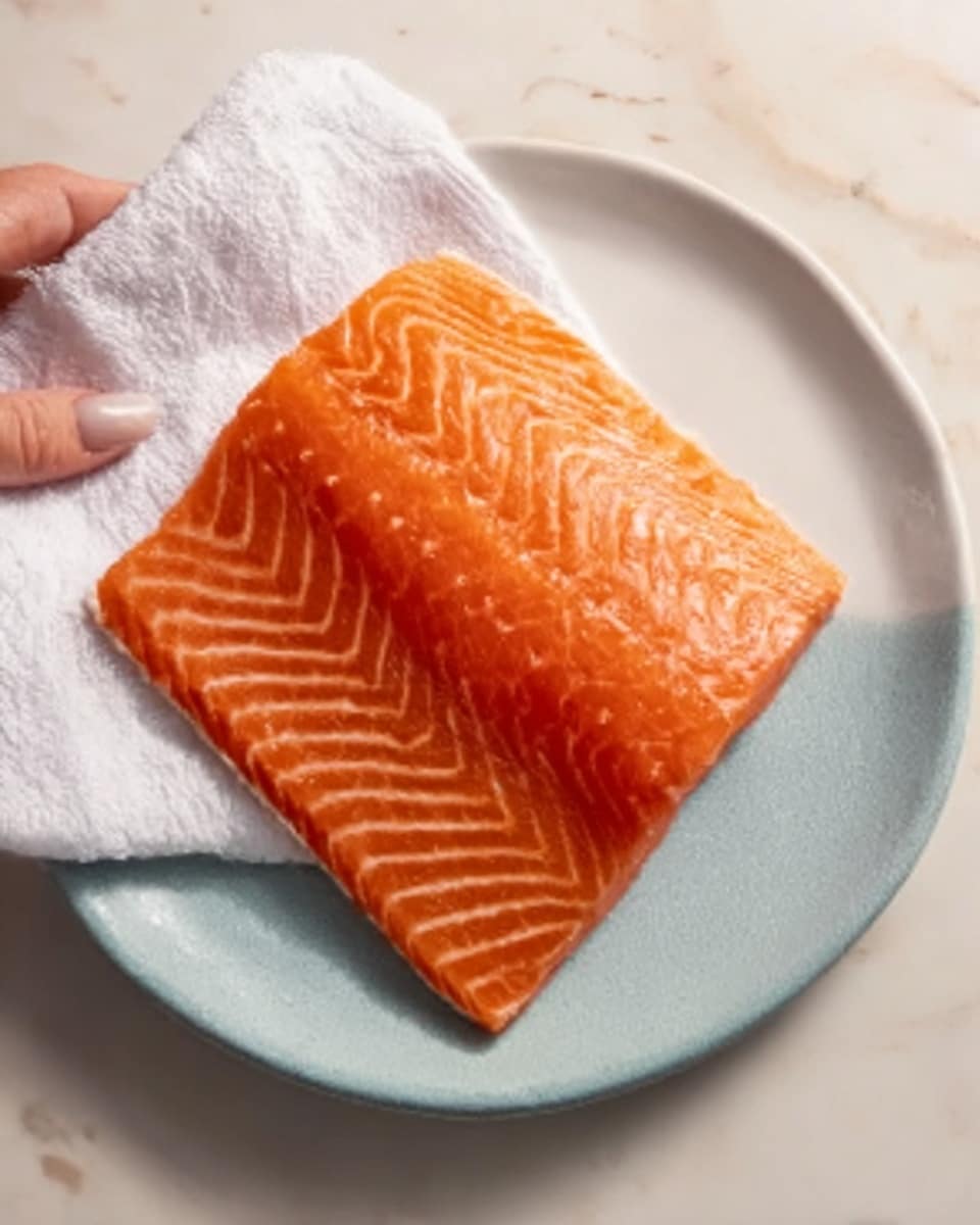 The image shows a piece of fresh salmon with a smooth, shiny orange surface and visible white lines running across it, placed on a white plate. One side of the salmon is covered partially by a white cloth held by a woman's hand. The plate rests on a white marbled surface. The overall look is clean and simple, focusing on the fresh salmon. photo taken with an iphone --ar 4:5 --v 7