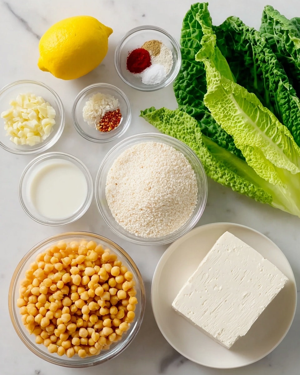 The image shows various ingredients arranged neatly on a white marbled surface. There is a large block of white tofu resting on a white plate near the bottom right. To the left of the tofu plate, a whole bright yellow lemon sits next to a small clear bowl filled with chopped white garlic. Above these, there is a tiny clear bowl holding a mix of spices including red, white, and beige powders. Next to the spices, a small clear bowl contains a white liquid, possibly milk. Further up, a larger clear bowl is filled with white rice or a similar grain, and beside it is another large clear bowl full of yellow chickpeas. Finally, fresh leafy green cabbage or collard greens lay in a white plate at the top right, bringing a mix of vibrant green color to the image. The image has bright lighting and clear focus, photo taken with an iphone --ar 4:5 --v 7