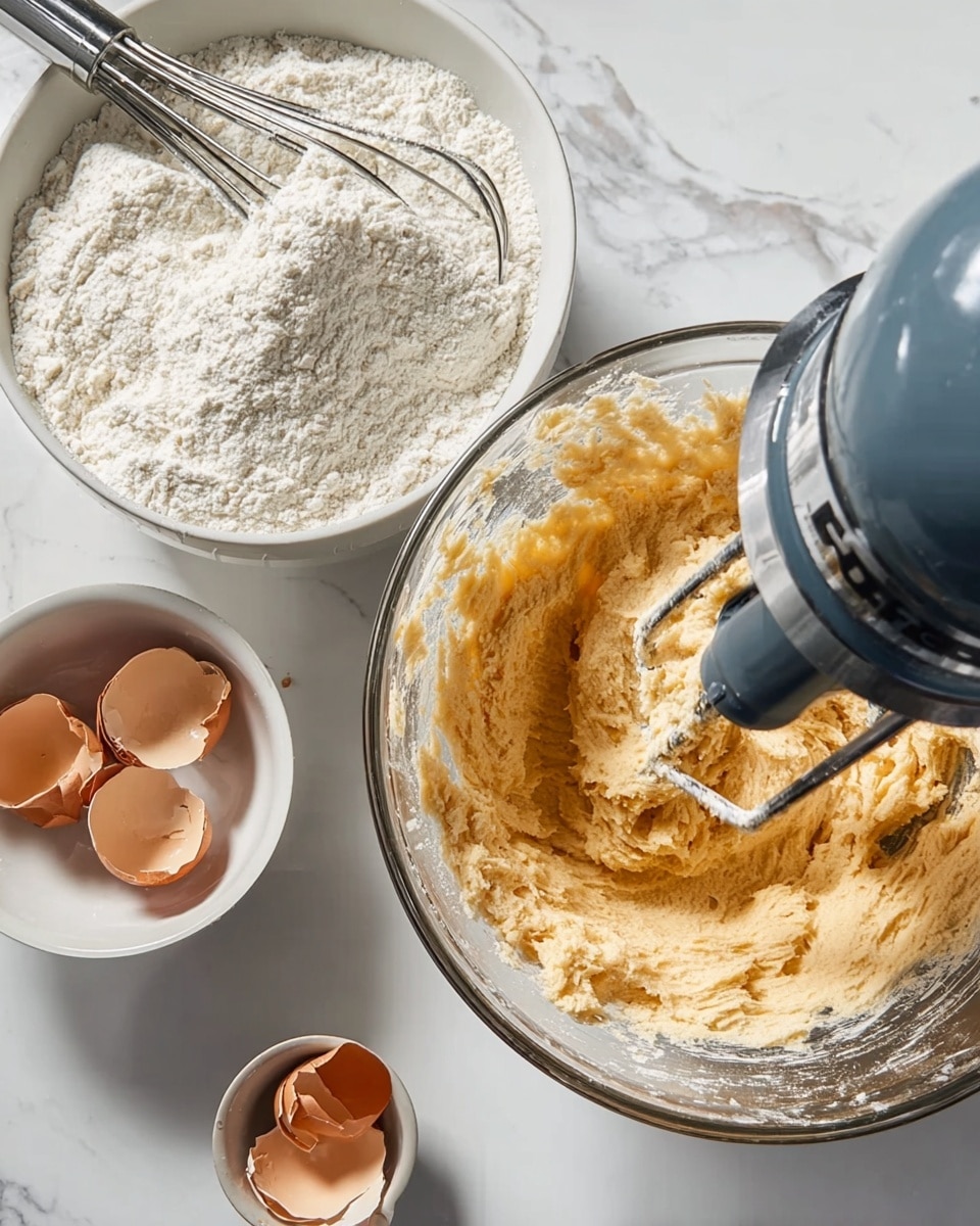 The image shows a clear glass bowl with thick, light brown dough being mixed by a gray mixer on a white marbled surface. To the left of the bowl is a white bowl filled with flour and a metal whisk resting in it, with some flour dusted around. Below the glass bowl, there is a small white bowl holding three brown eggs with broken shells. The photo captures a close-up view of the baking ingredients and equipment arranged neatly. Photo taken with an iphone --ar 4:5 --v 7