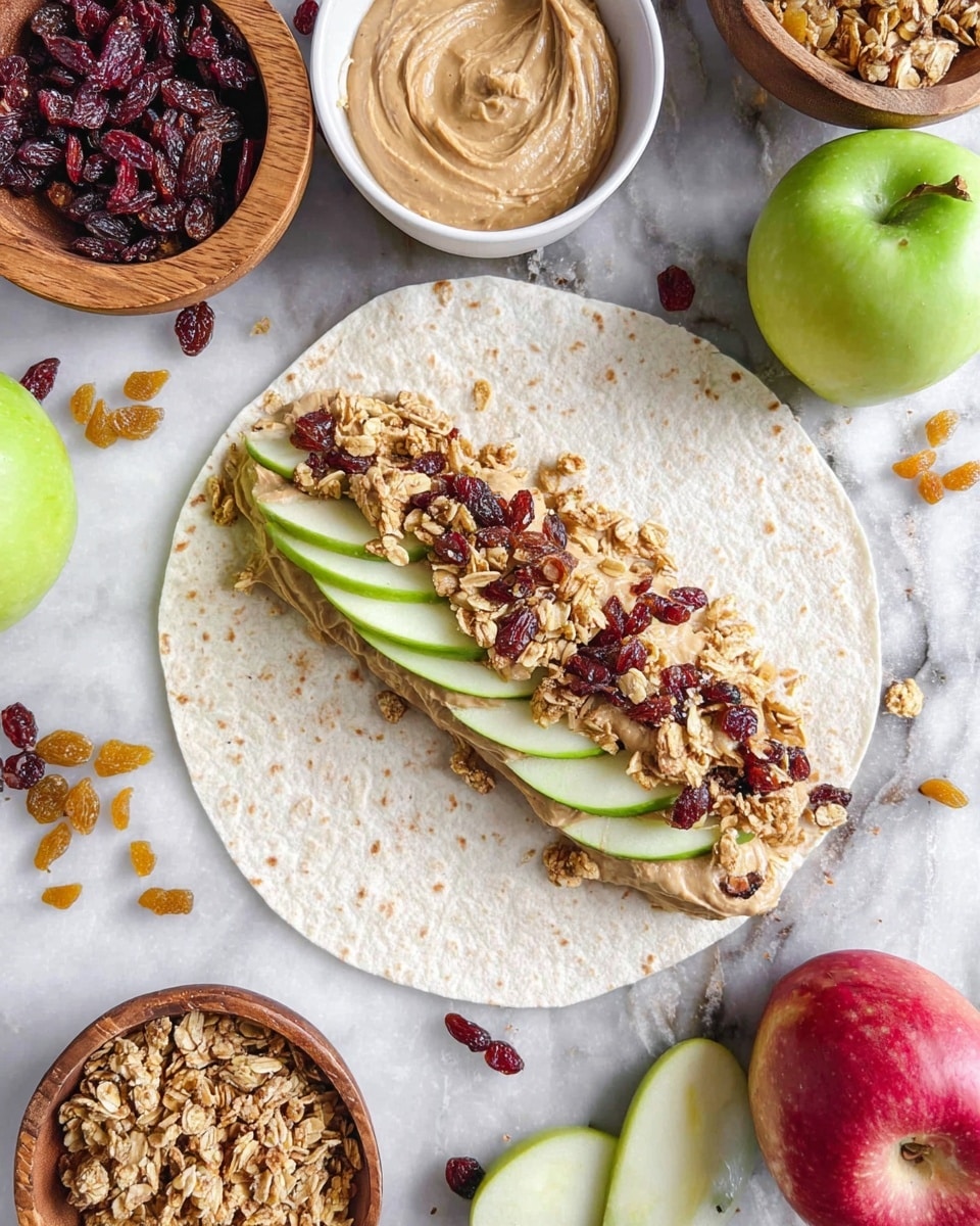 A white round plate on a white marbled surface holds a rolled tortilla wrap placed diagonally. The wrap is light brown with small spice marks and is filled with a mix of visible light green apple pieces, dark red fruit bits, and a creamy filling with small chunks. Next to the wrap on the plate are three thin apple slices with red skin arranged in a fan shape. In the background, there is another wrap piece slightly blurred. Photo taken with an iphone --ar 4:5 --v 7