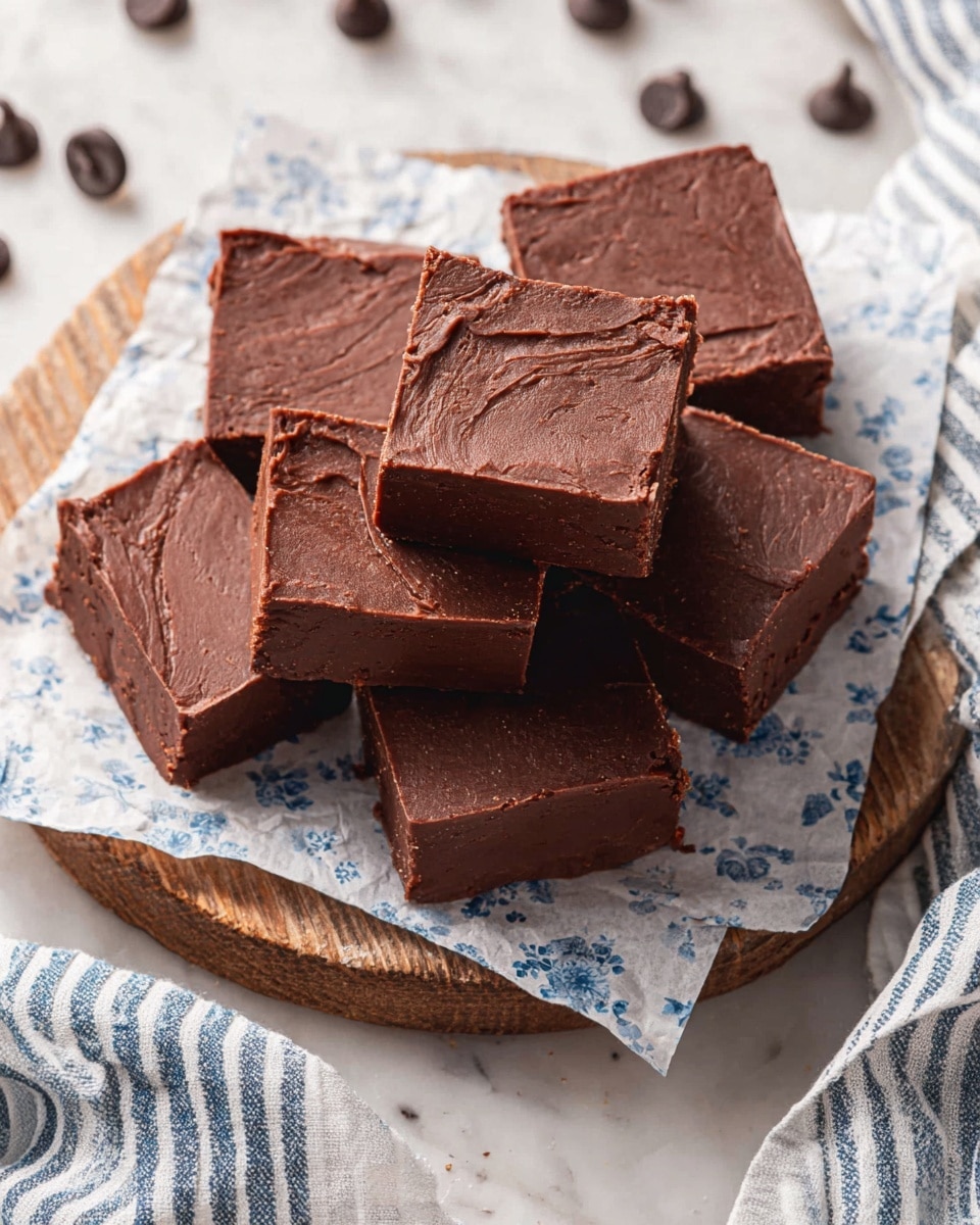 The image shows several thick square pieces of chocolate fudge stacked and spread out, each with a smooth and glossy dark brown top layer that has swirling patterns and a slightly uneven texture. The fudge blocks have a dense and rich appearance with sharp edges, and their layers are uniform in color, deep chocolate brown throughout. The background is a white marbled texture. photo taken with an iphone --ar 4:5 --v 7
