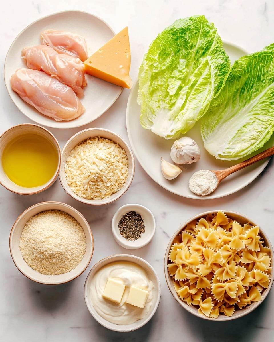 The image shows raw ingredients arranged neatly on a white marbled surface. There is a large white plate on the top right holding two large light green leaves of lettuce, two peeled garlic cloves, and a white ceramic spoon filled with black pepper. Below it, there is a small white bowl filled with golden yellow oil. On the left side, two pieces of raw light pink chicken lie in a white bowl. Below the chicken, a white bowl holds light beige breadcrumbs, and next to it, a small white bowl contains a dollop of white creamy sauce with a small wooden spoon. At the bottom right, a white bowl is filled with uncooked yellow bowtie pasta. In the center, a small white bowl has two pale yellow cubes of butter, and above it, a white plate holds a triangular wedge of light yellow cheese with an orange edge. photo taken with an iphone --ar 4:5 --v 7