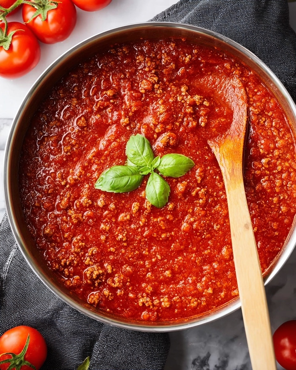 A shiny stainless steel pot filled with thick red meat sauce, showing many small bits of cooked ground meat mixed evenly throughout the vibrant red tomato sauce. The surface is slightly textured from the meat and sauce with a few small bubbles visible near the edges. A wooden spoon with a smooth light brown finish rests on the right side, partially dipped into the sauce. On top of the sauce, three small fresh bright green basil leaves sit in the center as decoration. The pot is placed on a white marbled surface with a dark cloth and fresh red tomatoes with green stems nearby. Photo taken with an iphone --ar 4:5 --v 7