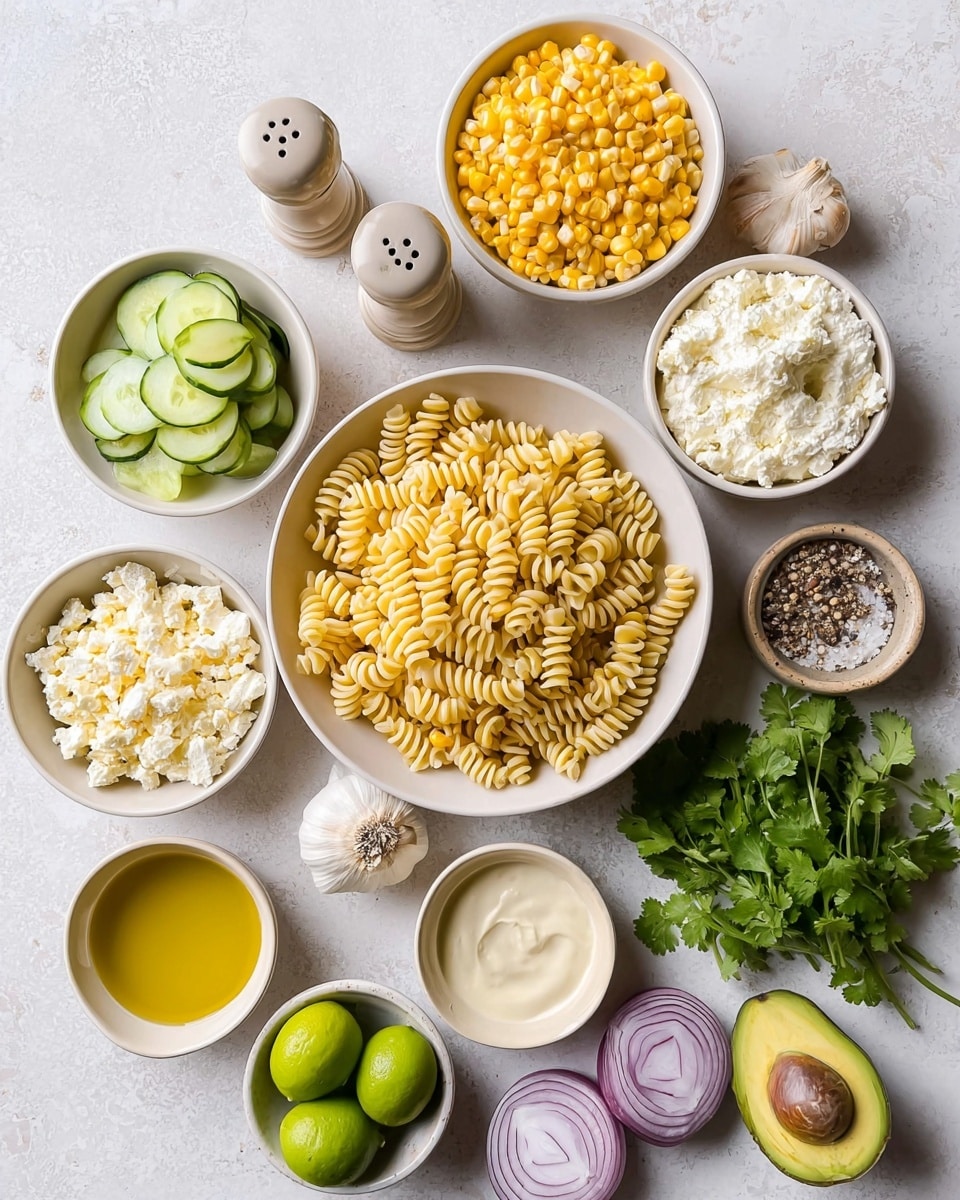 A white bowl filled with pale yellow spiral pasta sits in the center on a white marbled surface. Around it are smaller white bowls holding bright yellow corn kernels, creamy white cheese crumbles, and thick white sauce. A white bowl with pale green sliced cucumber sticks is placed near the top left, beside a small white bowl with three shiny green limes. Fresh cilantro with vibrant green leaves and two purple-red onion halves rest next to half an avocado with dark brown pit and bright green flesh. There is a small white bowl with golden yellow olive oil to the bottom left. Near the top right, there is a whole white garlic bulb and a few garlic cloves, plus salt and pepper shakers. Photo taken with an iphone --ar 4:5 --v 7